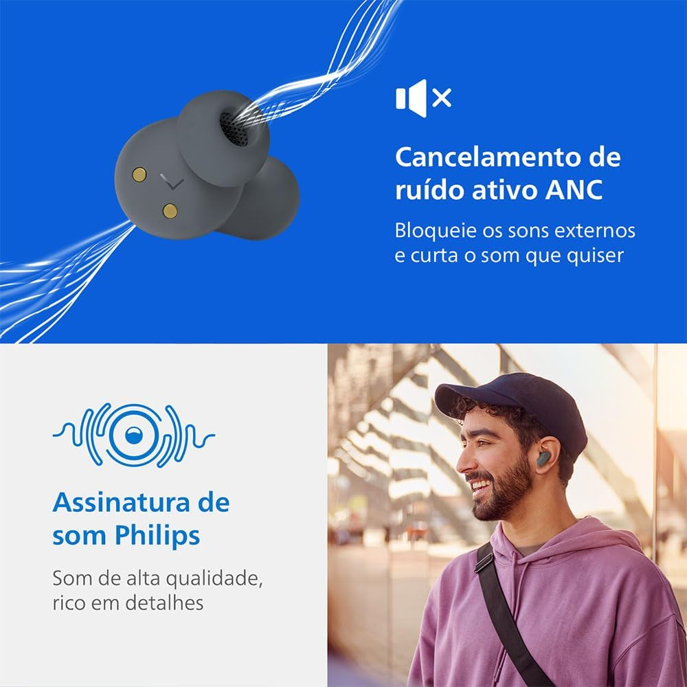 Philips TAT3509GY Noise Cancelling True Wireless in Ear Bluetooth Headphones - Natural Sound, Dynamic Bass, Pocket-Sized Charging Case, Clear Calls, Ideal for Commuting and Exercise - Grey image number 1