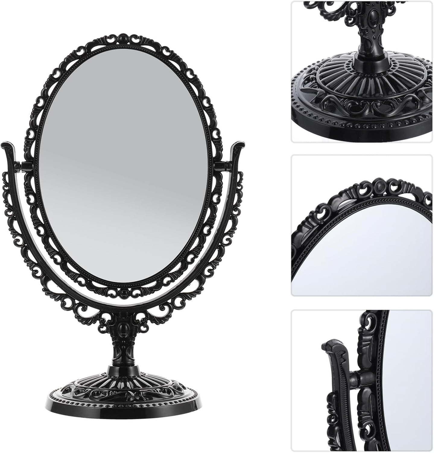 ULTECHNOVO Vintage Black Oval Double-Sided Makeup Mirror Swivel Base, Large Retro Metal Cosmetic Mirror for Vanity Desk and Dressing Table Use image number 1