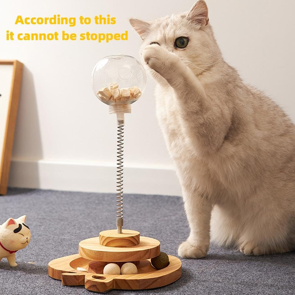 Interactive Cat Feeder Toys for Indoor Cats, Cat Ball Toy Cat Treat Dispenser Leaking Food Ball, Slow Feeders Spring Toys Wooden Automatic Cat Toy Cat Puzzle Feeder Toy /1623 image number 1