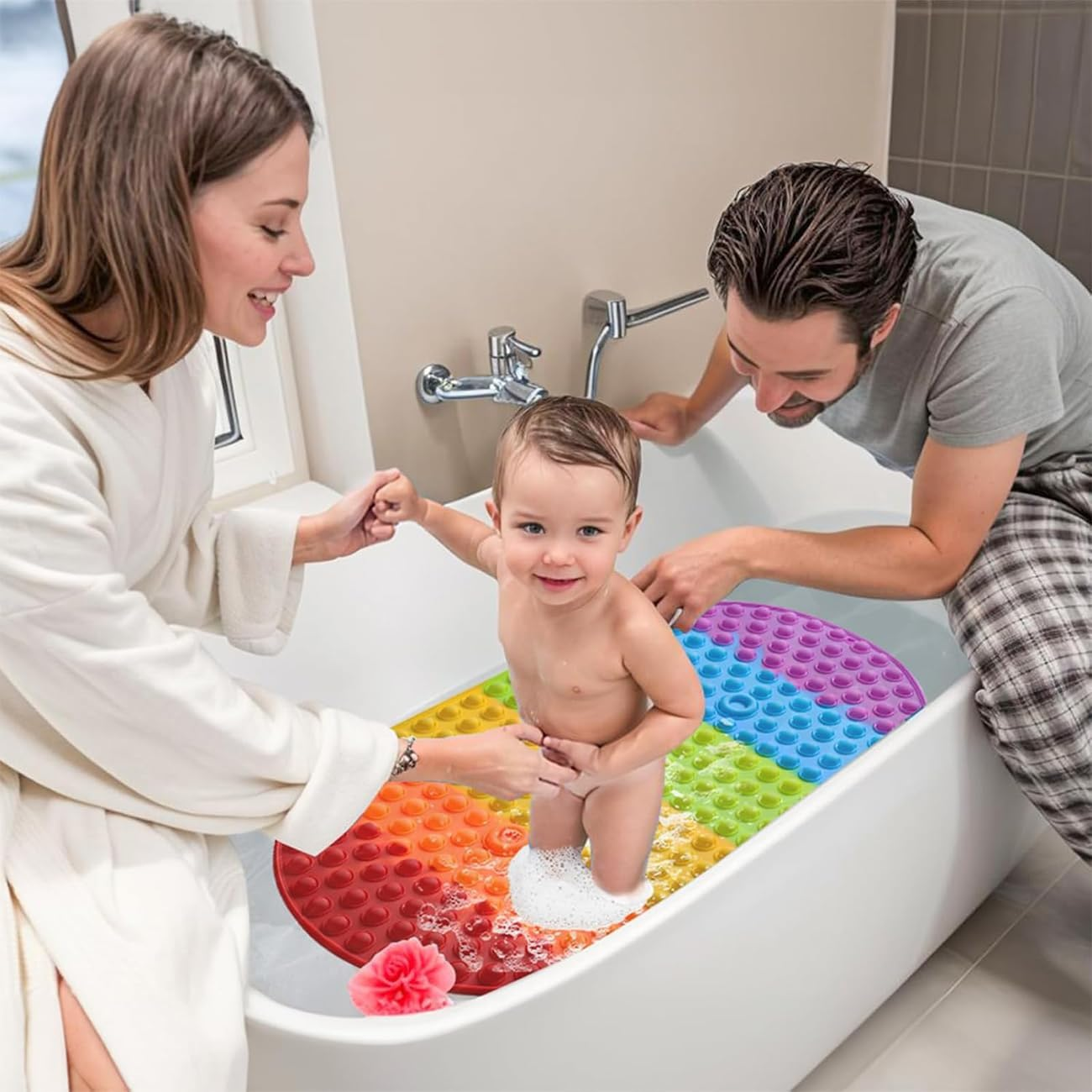 Non Slip Bath Mat for Tub,Oval Silicone Bath Mats for Boys & Girls,27 X 15 Inches Bathtub Mat with Push Pop Bubbles,Machine Washable Shower Mat for Bathroom/Wet Floor/All Ages,Colourful