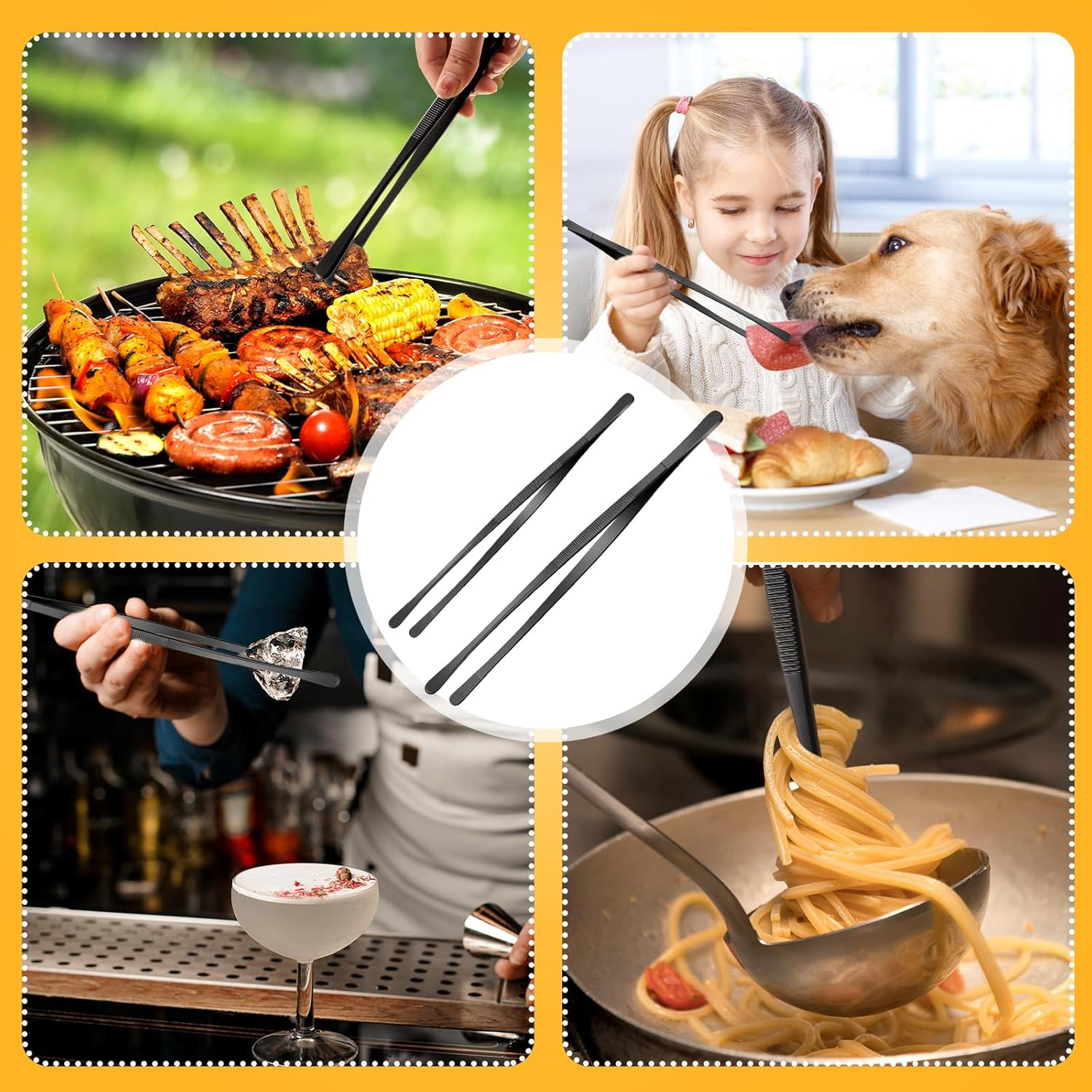 Flutesan 4 Pieces Black Kitchen Fine Tweezer Tongs 10 Inch 12 Inch Stainless Steel Tweezers Tongs with round Serrated Tips Culinary Fine Straight Tweezers Forceps for Cooking Repairing Feeding BBQ image number 1