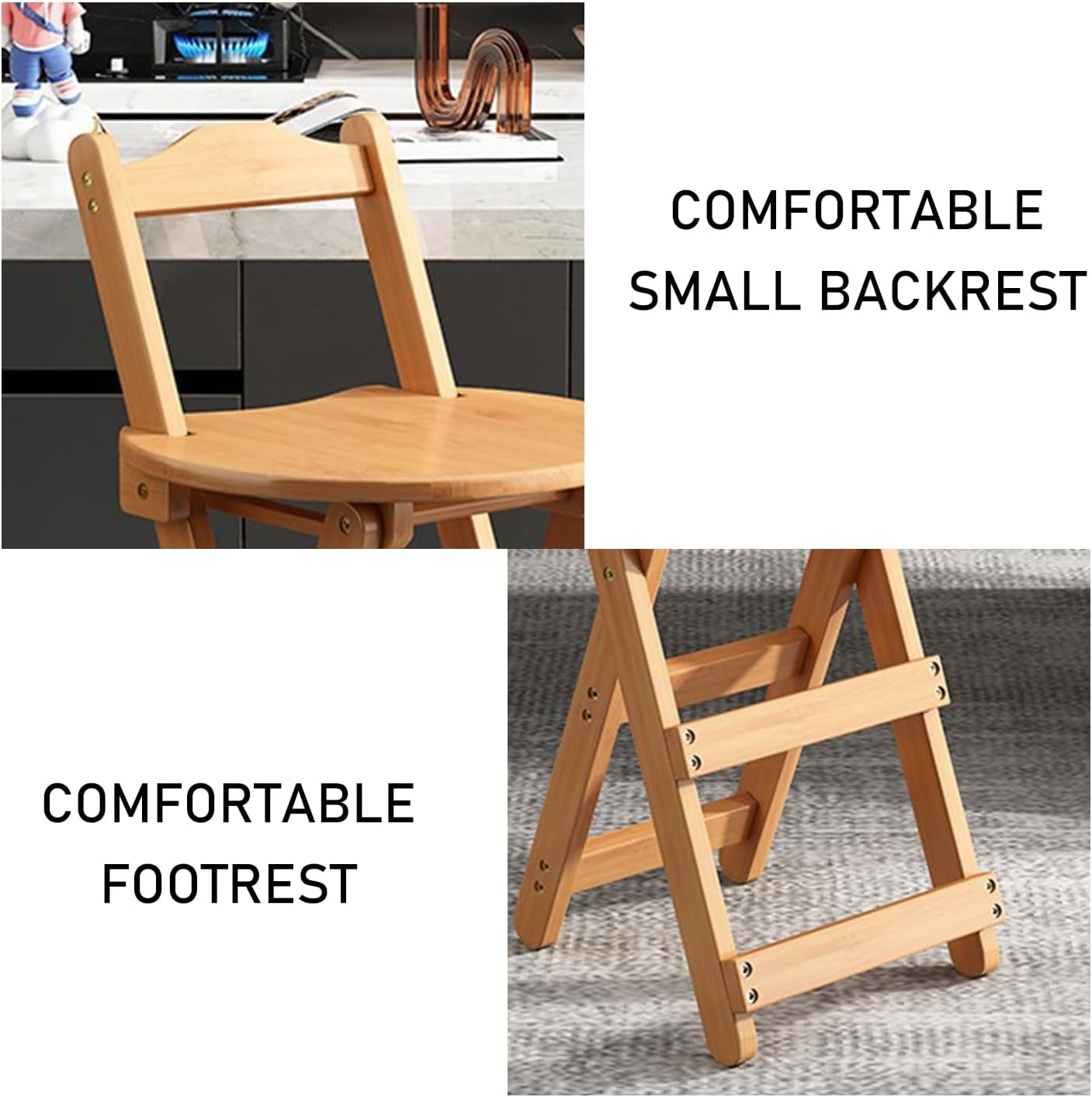 Uandhome Bamboo Folding Bar Stool,Kitchen Counter Stools with Backrest and Footrest,Portable Bar Chairs for Home Kitchen Island Breakfast,No Assembly (Wood) - Walnut image number 5