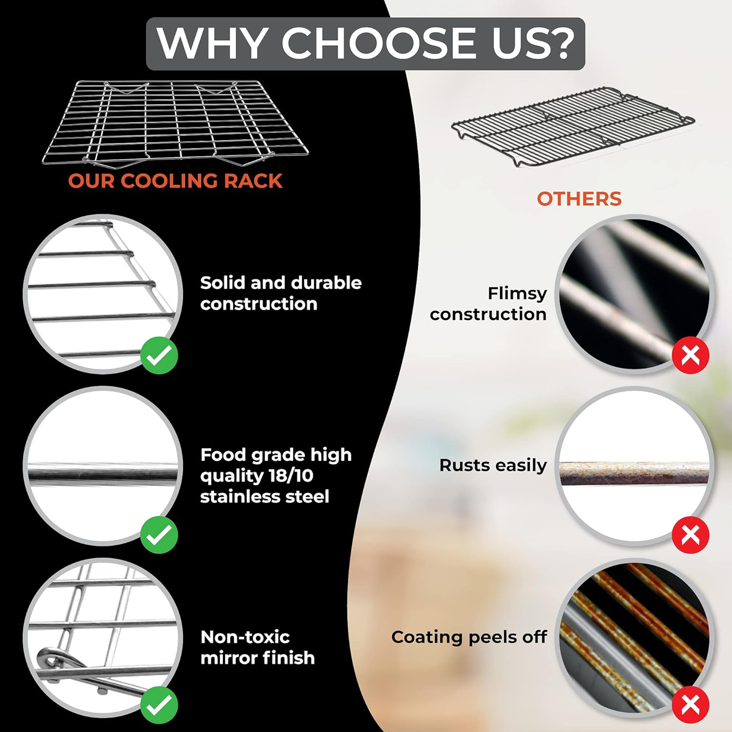 3-Tier 100% 304- Stainless Steel Cooling and Baking Racks, Oven Safe and Dishwasher Safe |Bonus Silicone Pastry Brush and Spatula image number 4