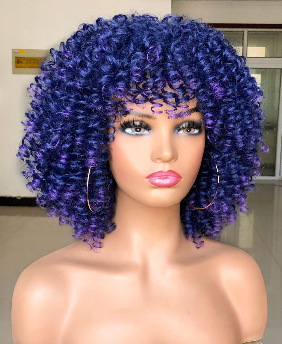 Lizzy Short Afro Curly Wigs for Black Women Full Synthetic Natural Blue with Purple Afro Kinkys Curly Wig with Bangs Shoulder Length Heat Resistant Wigs for Daily Use image number 6