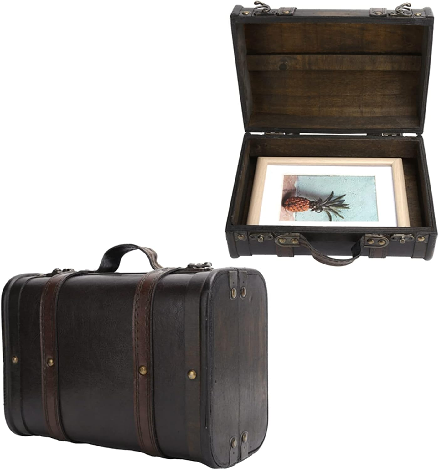 TREETDOBV Retro Suitcase Wooden Storage Box, Large Capacity Doublelayer Design with Firm Handle, Suitable for Studio Decoration, Window Display, Photography Prop Suitcase image number 1