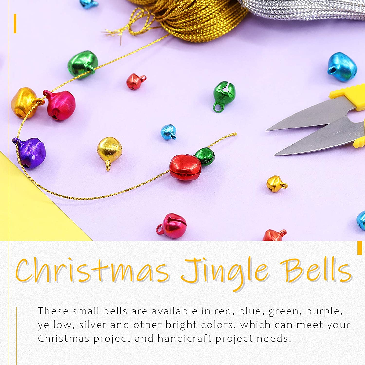 Swpeet 403Pcs Colorful 4 Sizes Christmas Jingle Bells Assortment Kit with 200M Gold Sliver Cord, Perfect for Christmas Party and Craft Decorations DIY image number 4