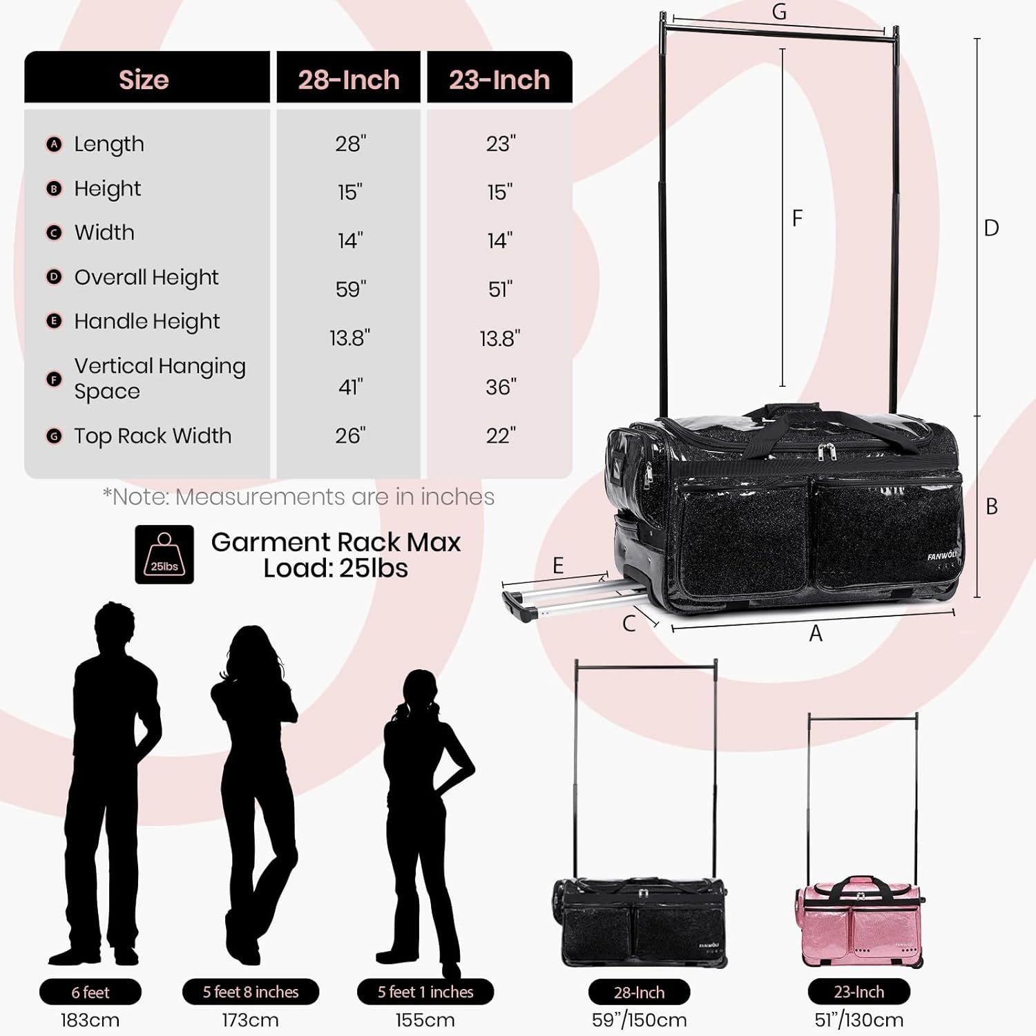 Fanwoli 28" Dance Bag with Garment Rack | Upgraded Stable System & Fabric | More Lightweight & Wear-Resistant | Ideal Competition Rolling Duffle Bag, Black, 28-Inch, Waterproof Sparkling Fabric image number 4