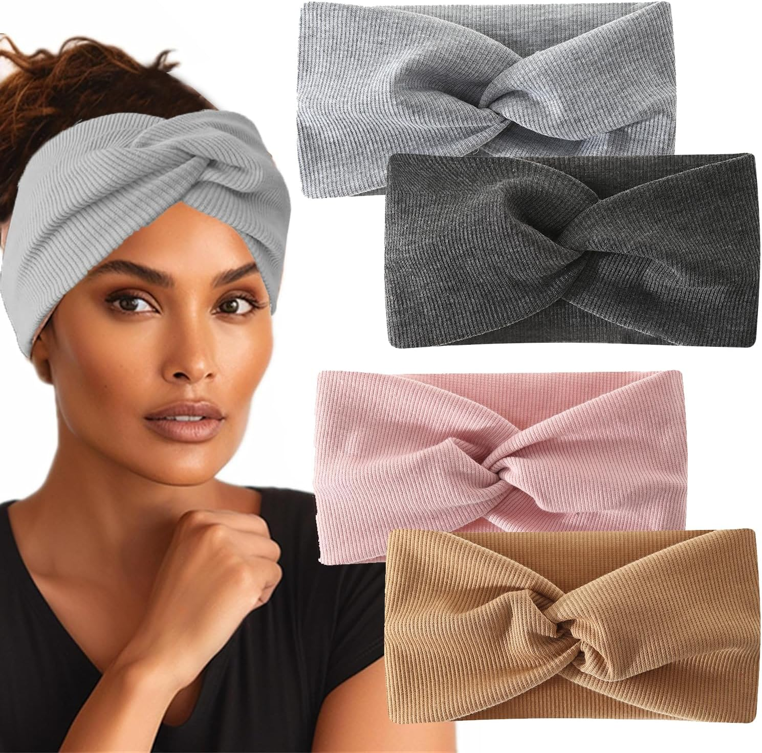 Norhogo Pack of 4 Women'S Winter Hair Bands, Elastic Wide Headband, Twisted Knotted Stretchy Wrap Boho Headbands, Sports Headband, Yoga Hair Accessories for Women Girls, 4 Colours image number 1