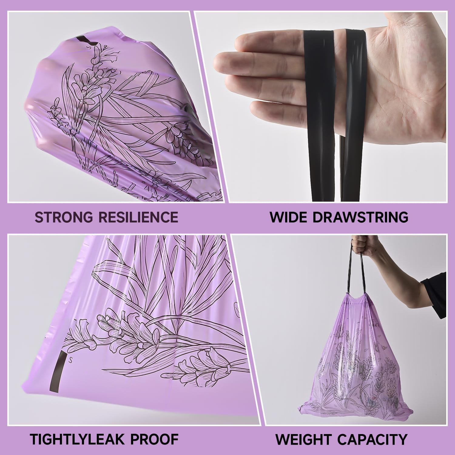 50-Pack 4 Gallon (15L) Drawstring Bin Liners | Colourful Lavender-Printed Small Trash Bags | Tear-Resistant & Leak-Proof | for Bathroom, Office & Bedroom Bins
