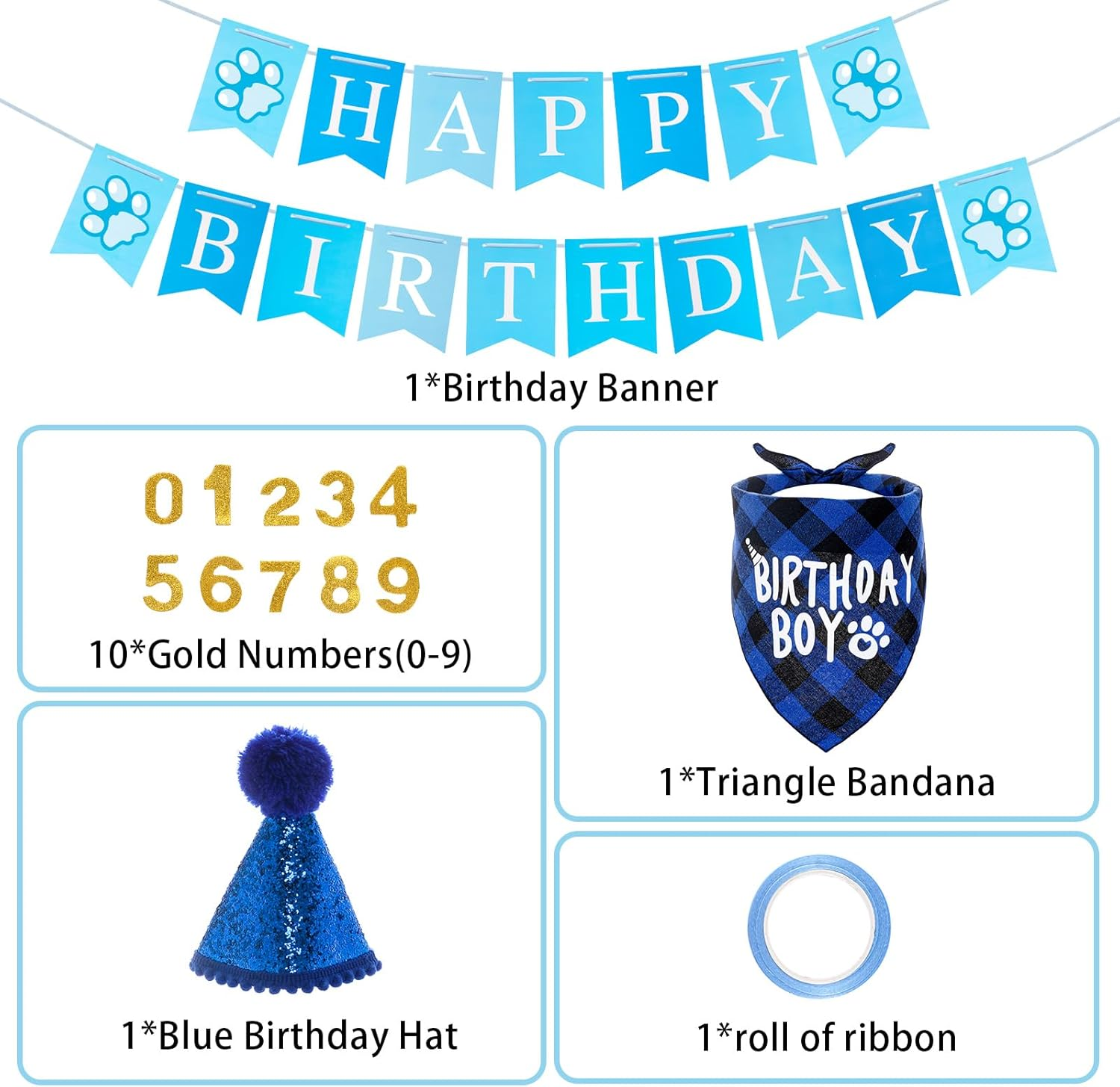 Dog Birthday Hat Bandana Set, 5 Pieces Dog Birthday Bandana Hat with 10 Bling Numbers and Happy Birthday Banner for Small, Medium and Large Dogs, Dog Birthday Decoration image number 1