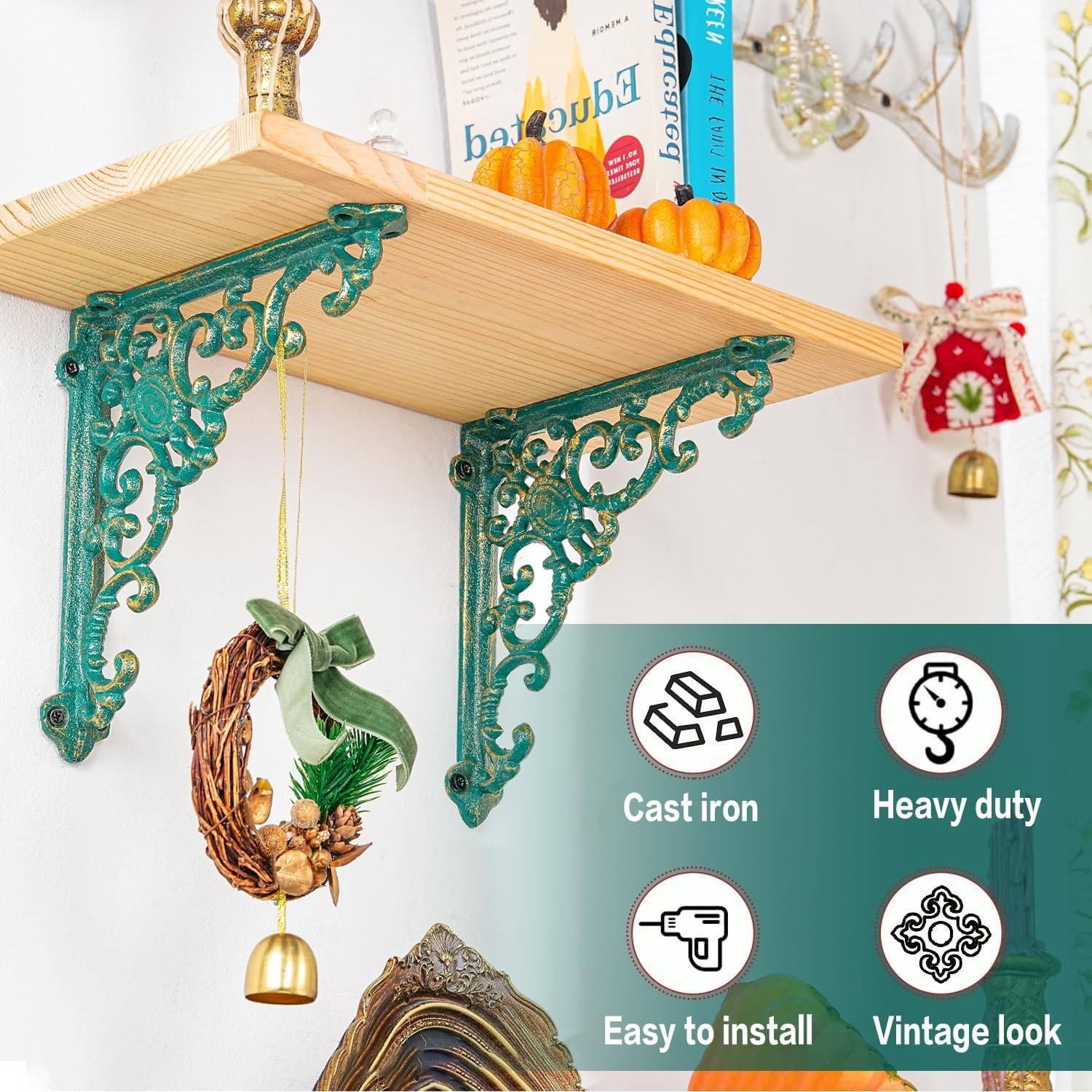 Sungmor Vintage Cast Iron Shelf Brackets - Ornate Decorative Corner Shelf Supports, 2 Pack Garden Wall Hanging Bracket - 7.7 Inch Rustic Green Metal Corbels with Scroll Design, Indoor Outdoor Use