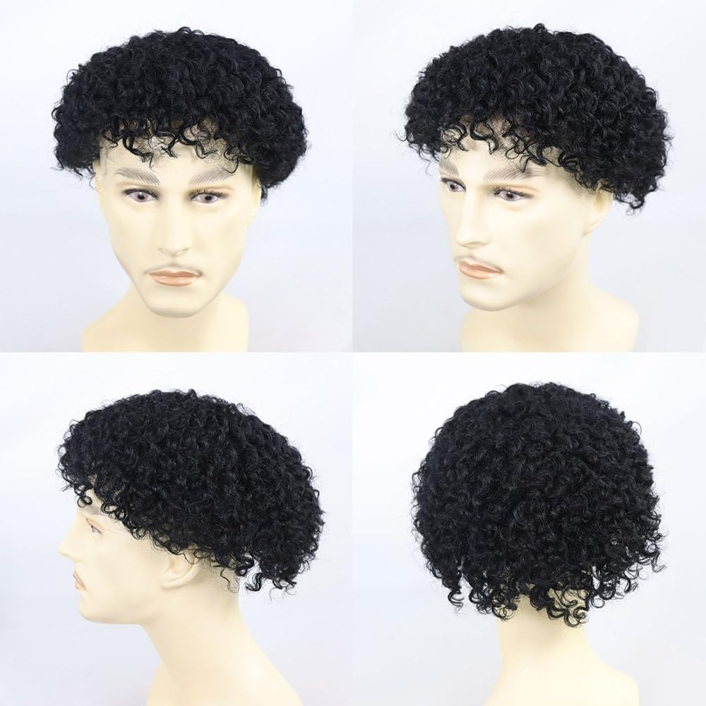 Replacement Afro Curly Mens Toupee Full French Lace Base Hair System 8"X10" Natural Hairline Mens Hair Prosthesis Systems