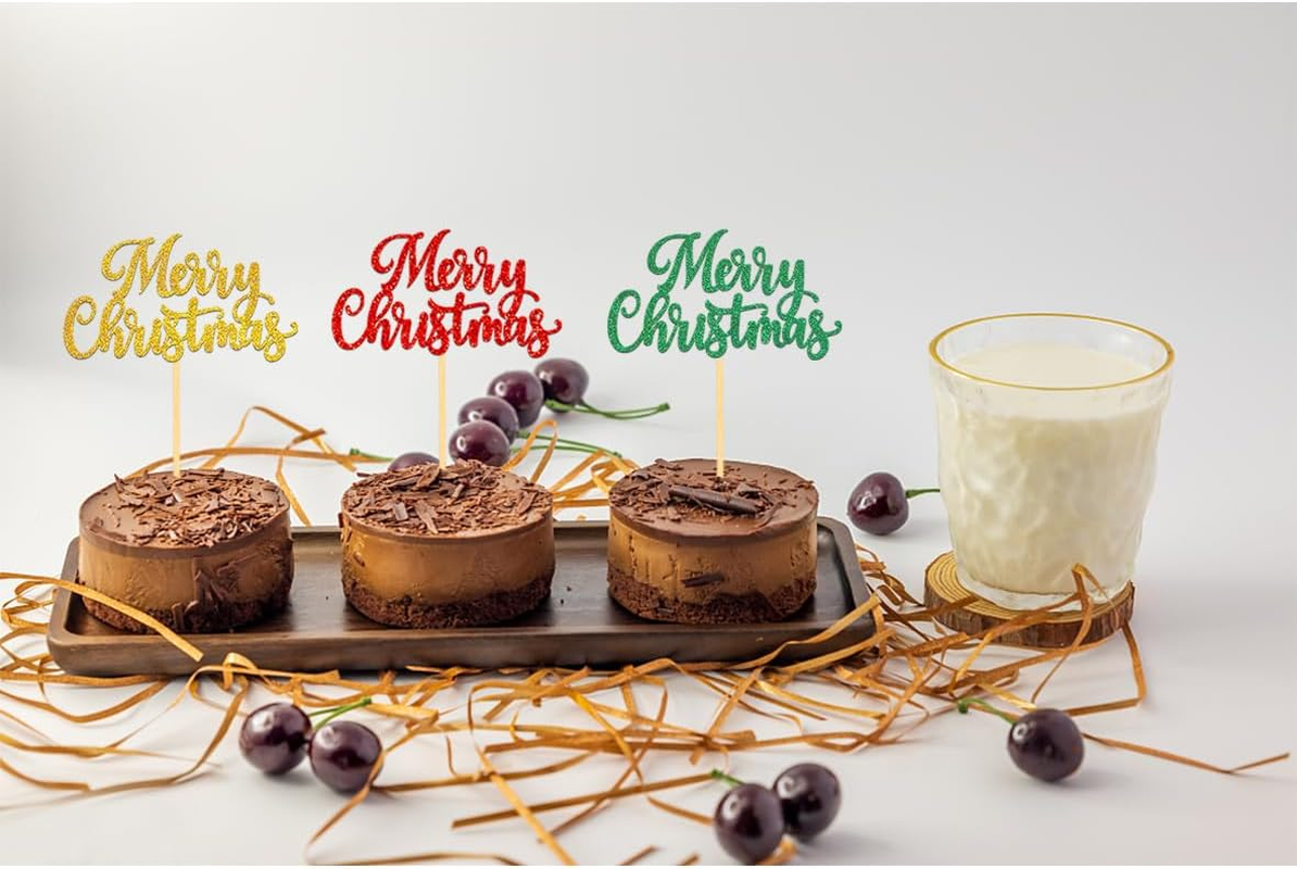 24 PCS Merry Christmas Cupcake Toppers for Christmas Decorations, Christmas Tree Cake Toppers for Christmas Party Supplies (Pattern C) image number 4