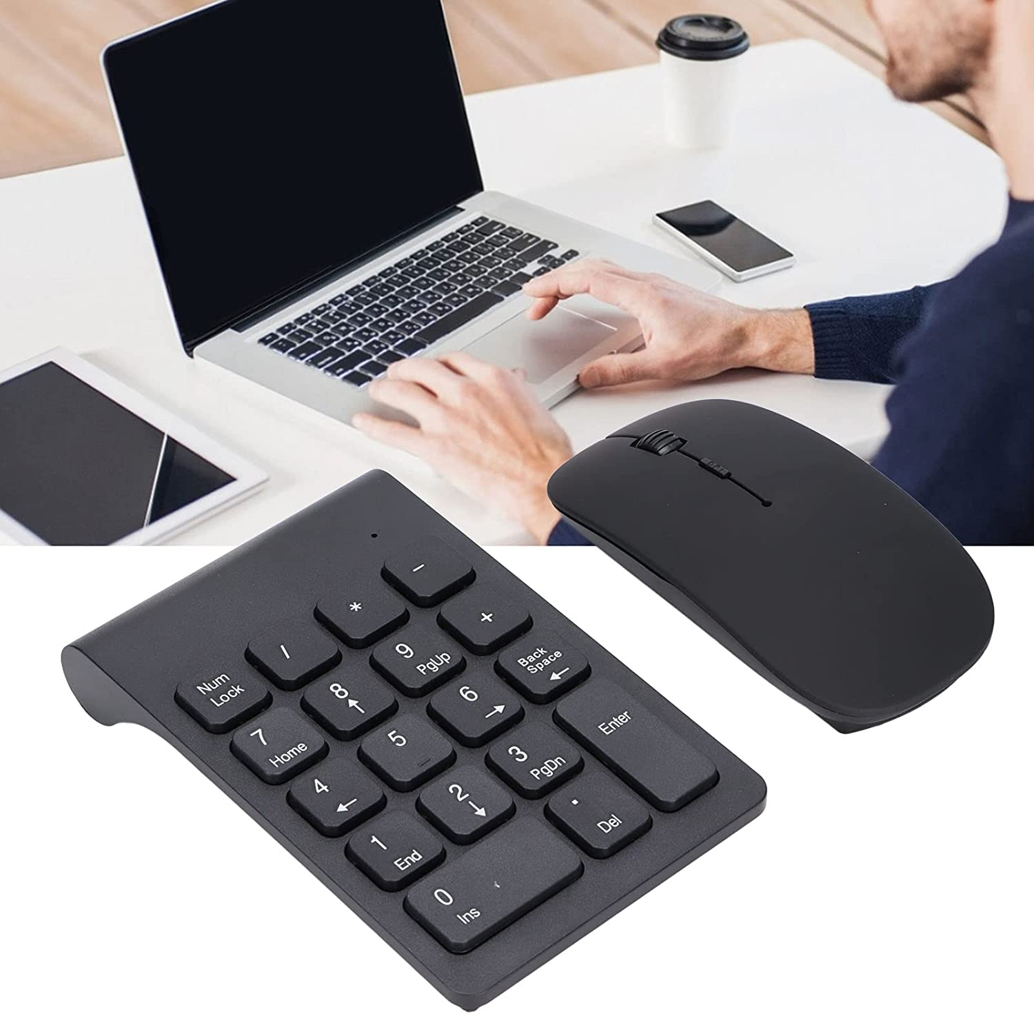 Wireless Number Pad and Mouse Combo, Portable Ultra Slim 2.4Ghz USB Wireless 18 Keys Numeric Keypad and Mouse Set for Laptop, Notebook, Desktop, PC Computer, Plug and Play, Black image number 1