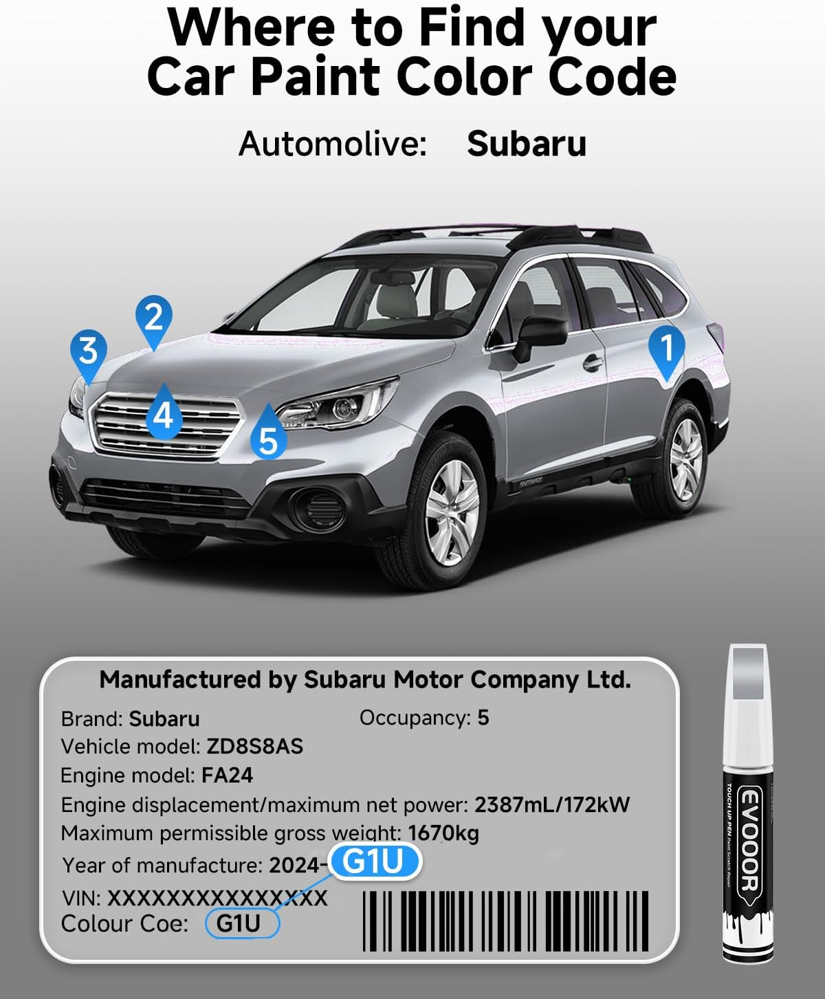 G1U Ice Silver Metallic Touch up Paint Compatible with Subaru Exact Match 2 in 1 Touch up Paint for Chips and Nicks Repair with 2Pcs Disposable Micro Applicators