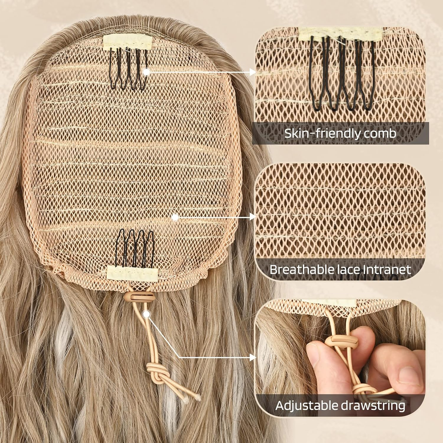 FLUFYMOOZ Ponytail Extension, 26 Inch Drawstring Ponytail Hair Extensions for Women，Long Curly Wavy Ponytail Natural Wavy Synthetic Hairpiece for Women Daily Use Party （22 Inch Ash Brown with Blonde Highlights） image number 6