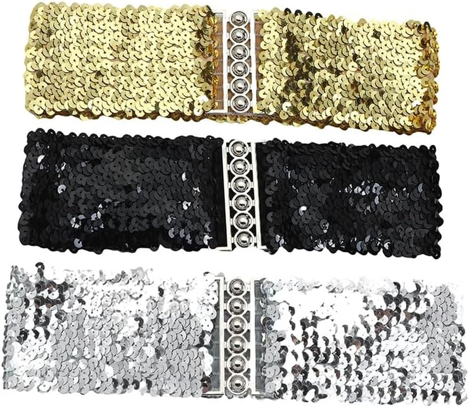2PCS Women Girls Sparkly Glitter Sequin Stretchy Elastic Waist Belt Wide Dress Belt Corset Cinch Belt image number 2