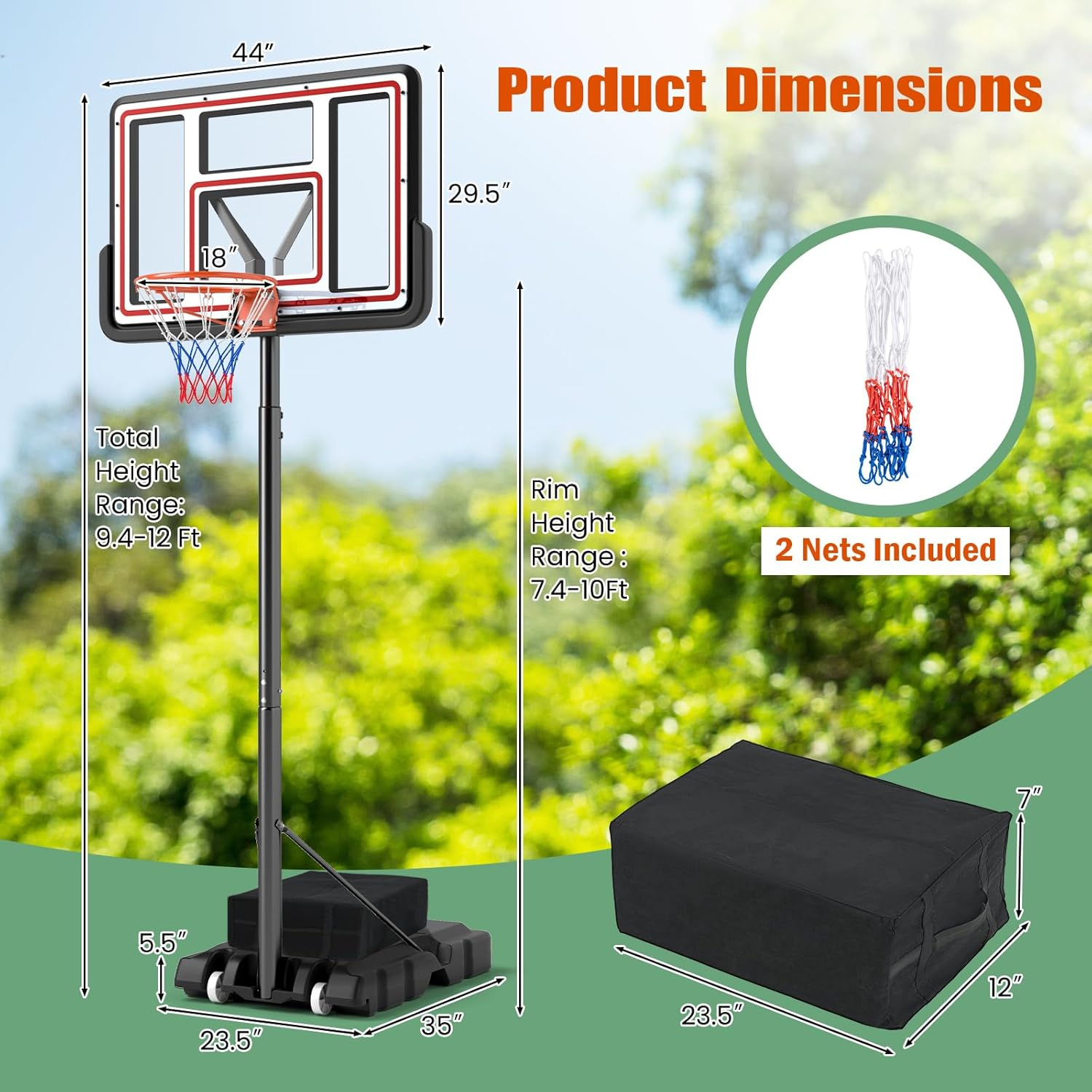 Giantex Basketball Hoop Outdoor - 7.4-10 FT Quickly Height Adjustable Basketball Net W/ 44 Inch Shatterproof PC Backboard, Fillable Base, Portable Basketball Hoop Indoor for Adults, Backyard, Driveway image number 5