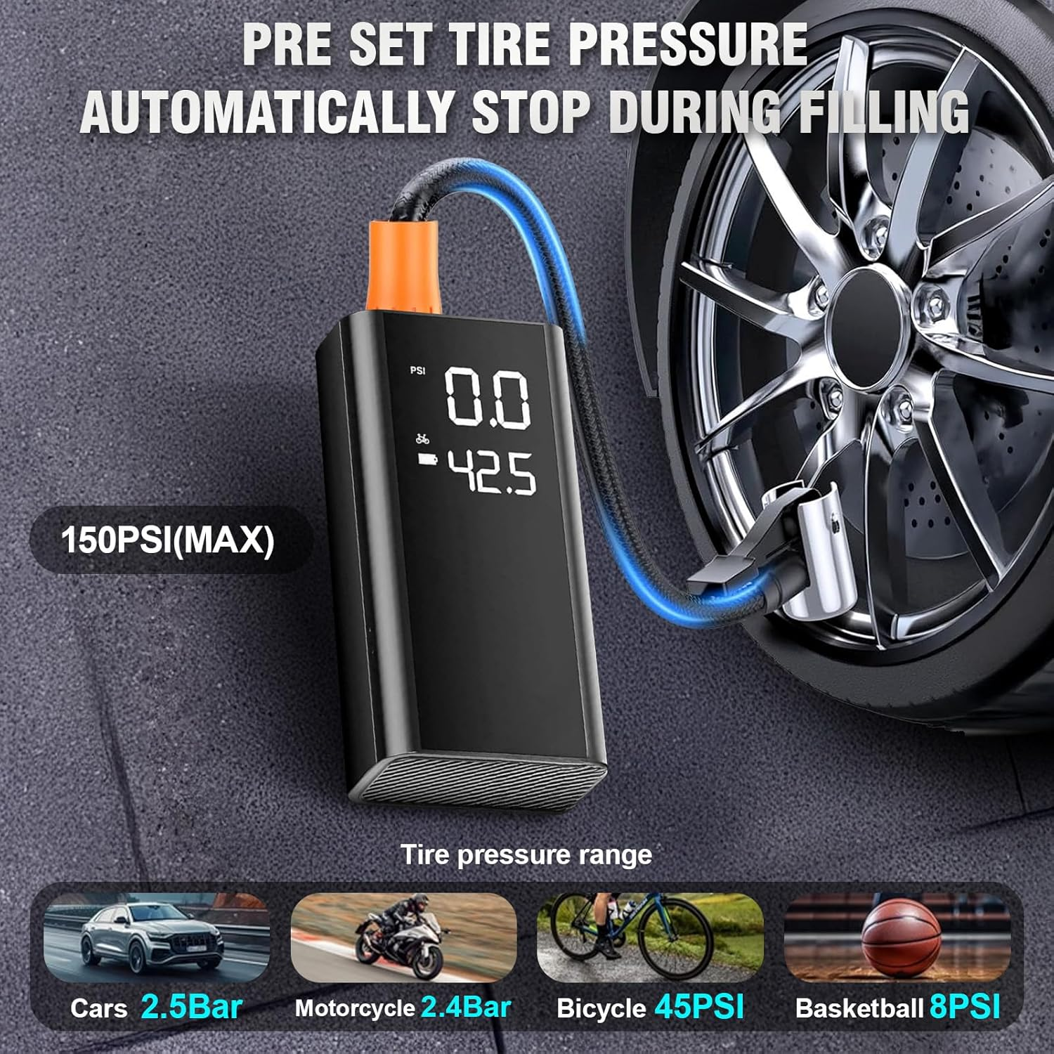 Velomira 1000A Car Battery Jump Starter with 150PSI Air Compressor, 10000 Mah Battery, 12V Car Gasoline - 5 L/Diesel - 2 L Emergency Starter, Emergency Flashlight, Smart Safety Clamp. image number 1