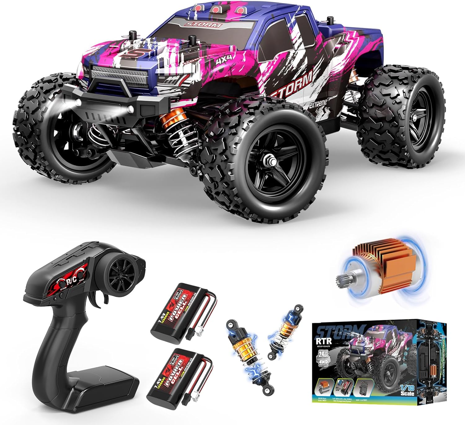1:18 Entry-Level RC Cars for Adults & Boys, Off-Road RC Truck 40 Km/H, Carros De Control Remoto 4X4 with 2 Batteries, Fast Remote Control Car for Adults image number 5