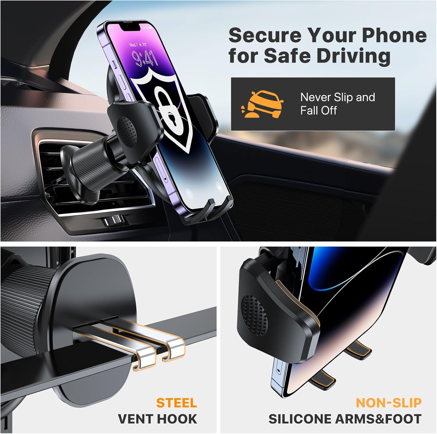 Miracase 2025 Car Phone Holder, Stable Double Steel-Hook Air Vent Car Phone Mount Cradle 360&deg;Rotation, One Button Release Mobile Phone Holder for Iphone, Galaxy, All 4.0''-7'' Smartphones image number 1