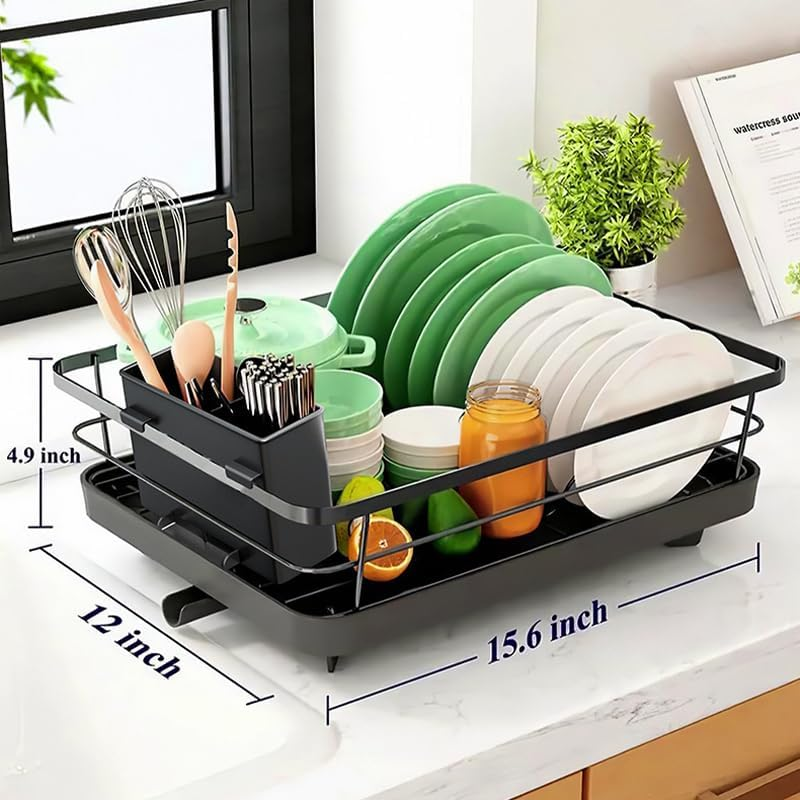 Dish Drying Rack for Kitchen Counter, Stainless Steel Sink Organization and Storage Essentials with Cutlery Holder, Home and Appartment Decor, 12''W X 15.6''L, Black image number 2