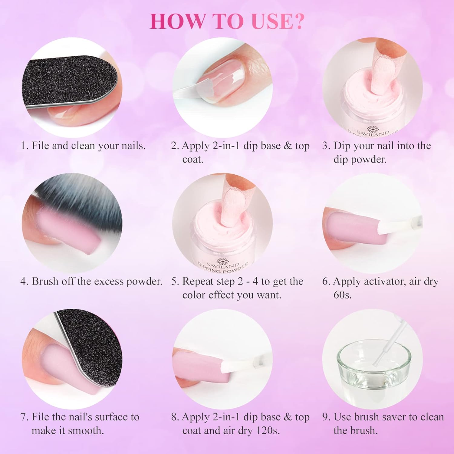 SAVILAND 17Pcs Dip Powder Nail Kit Starter: Nude Pink Nail Dip Powder Kit 10 Colors Dipping Powder with 15Ml 2-In-1 Base & Top Coat, Activator for Nail Repair, Salon Use, Home DIY, Gift for Ladies image number 2