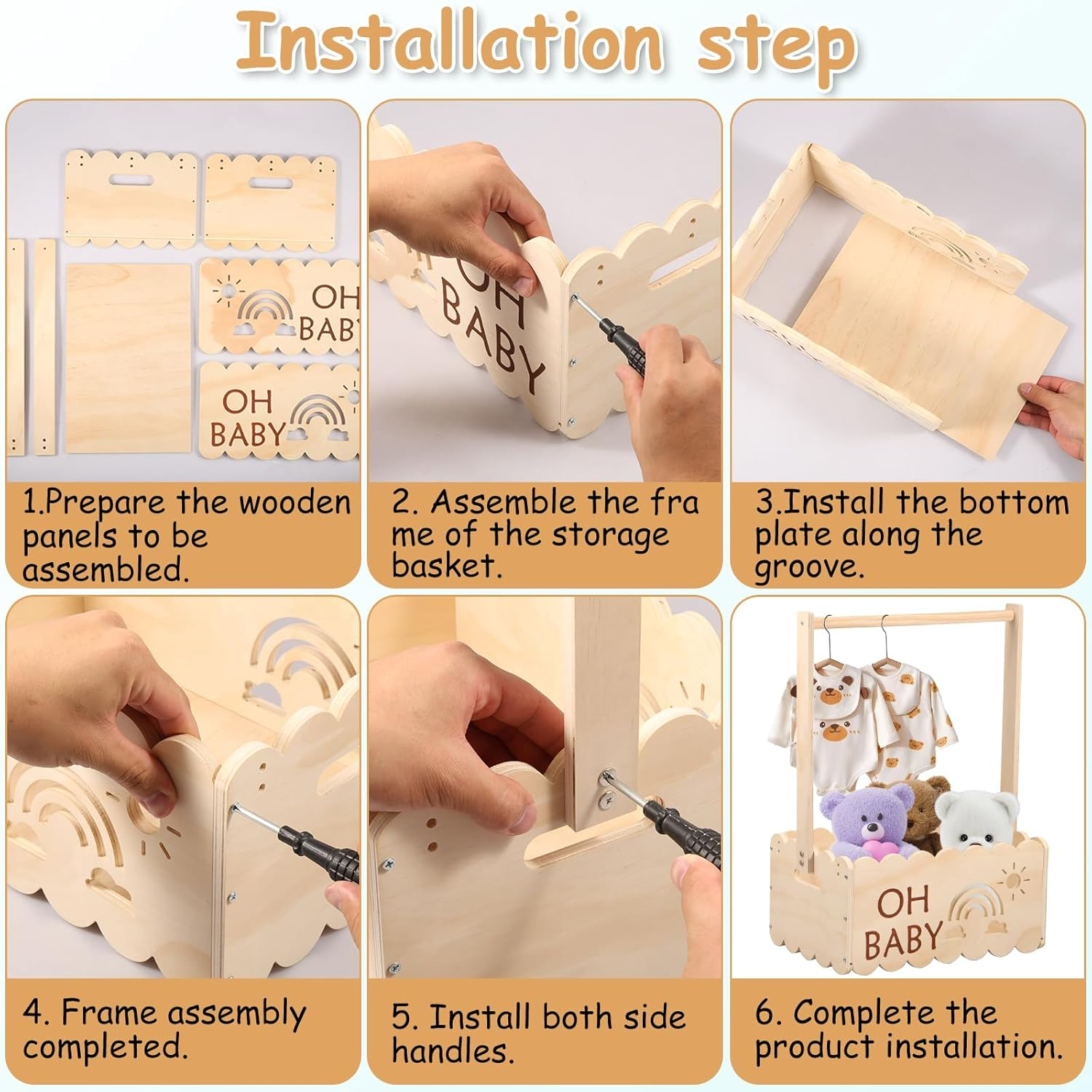 Awobepl Baby Shower Crate with Handle Wood Baby Crate Closet Cute Baby Hamper Basket Practical Baby Storage Crate for New Born Baby New Parents image number 1