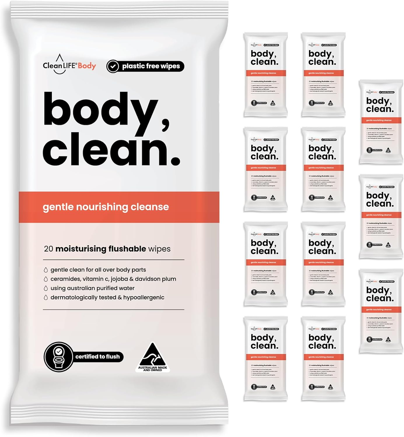 Cleanlife Flushable Body Wipes &ndash; No Rinse Shower Wipes for Adults, Plant-Based Fibre, Fragrance Free, Ceramides & Vitamin C, Skin Nourishing Towelettes, 20 Wipes, 12 Packs