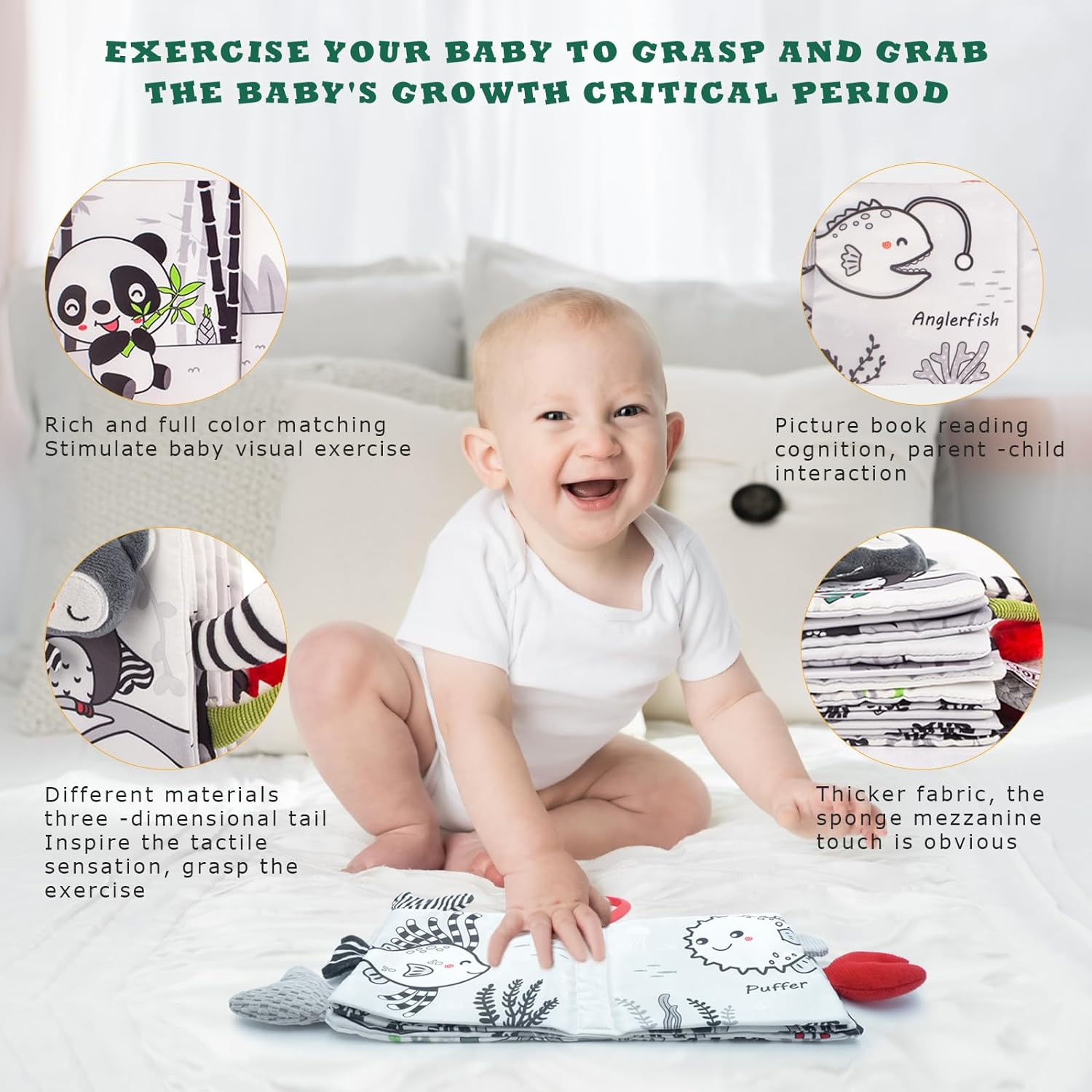 2Pcs Soft Baby Book Black and White High Contrast Animals Tails Book Bath Book Montessori Sensory Stroller Toy Non-Toxic Crinkle Washable Early Education for Baby Infant Toddler image number 6