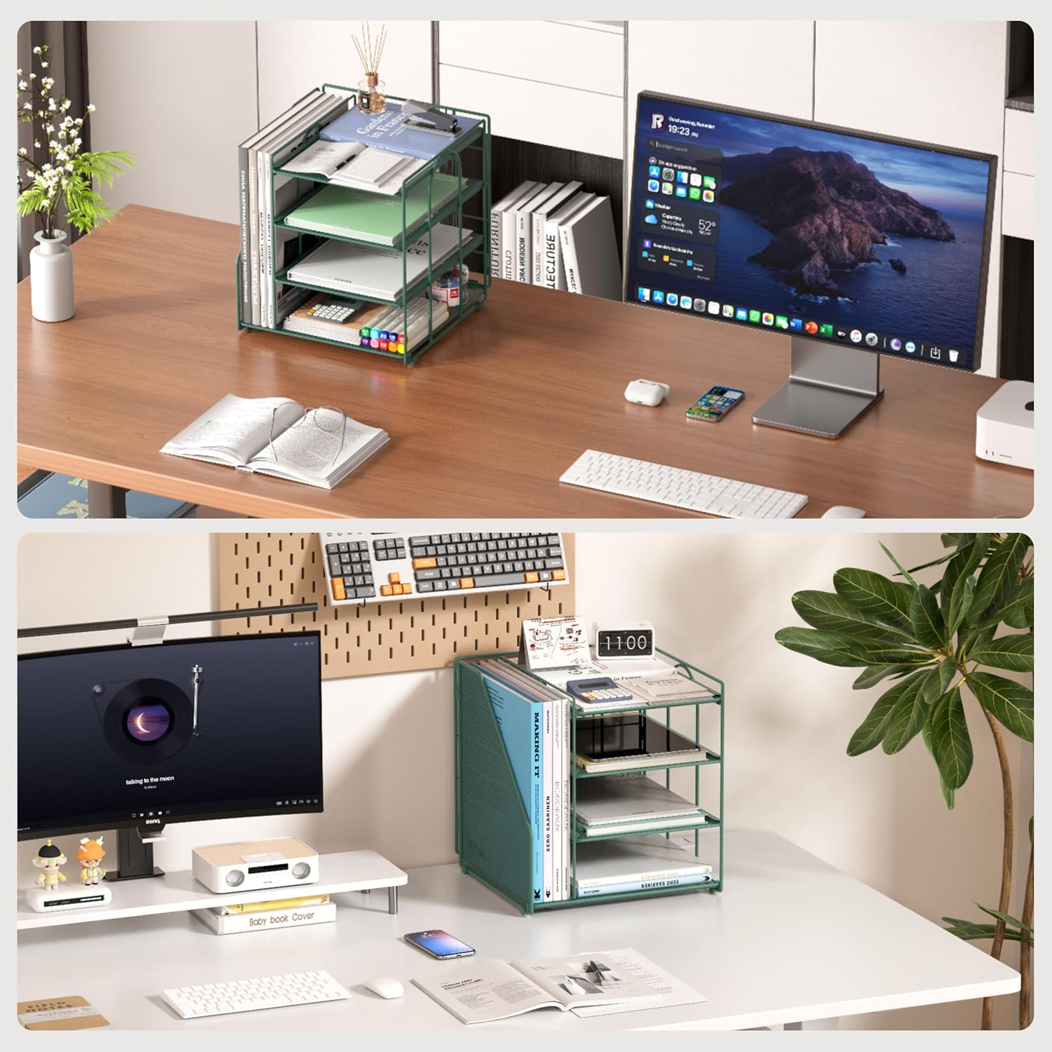 Becomrock Desk File Organizer and Accessories, 4-Tier Paper Organizer with Vertical File Holder, Office Desk Accessories & Workspace Organizers and Storage for Office Supplies (Green) image number 6