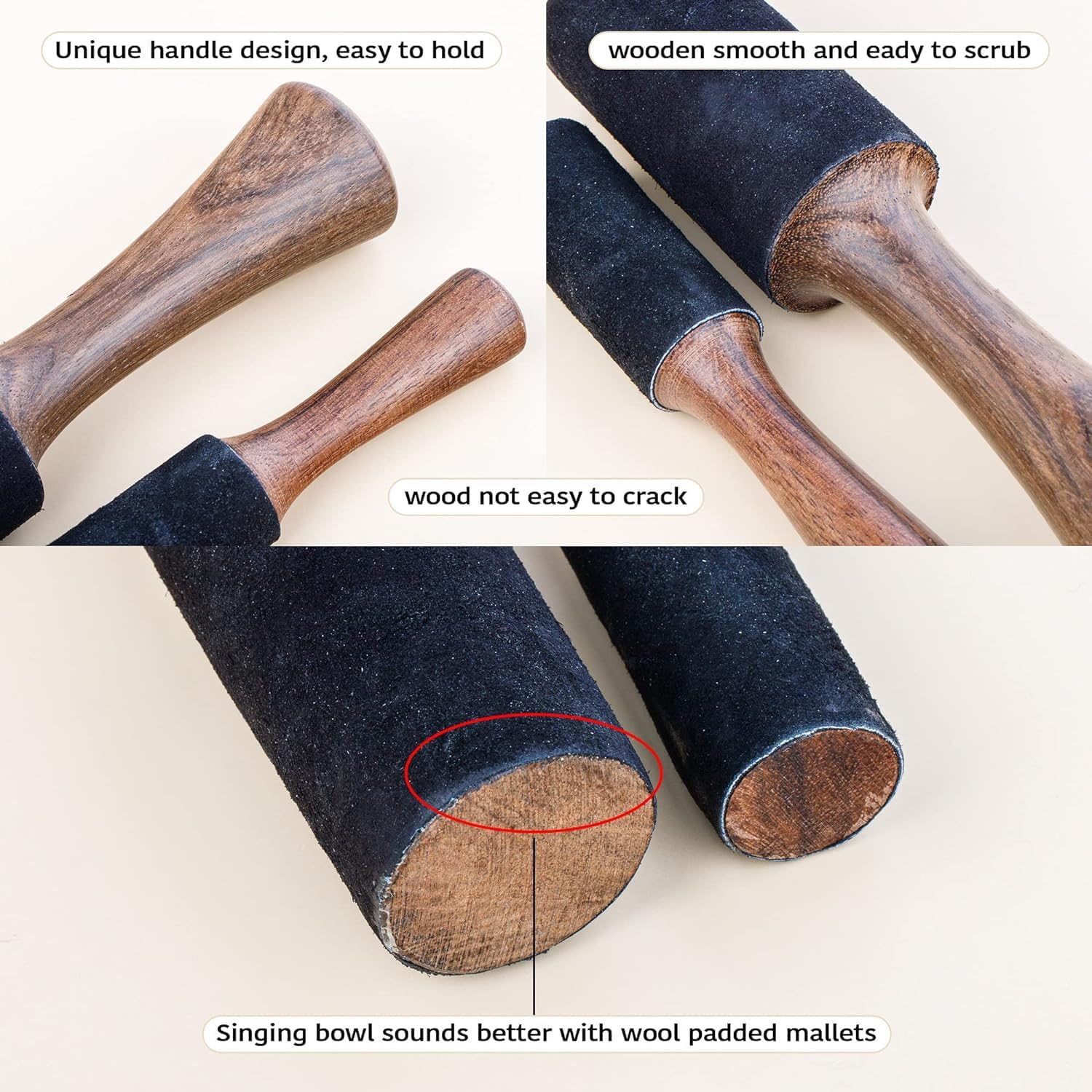2 Pack Tibetan Singing Bowl Mallet Suede Wooden Striker Leather Wrapped Meditation Mallet Sound Bowl Stick Buddha Musical Instruments for Buddhist Meditation Yoga Chime Relaxation image number 3
