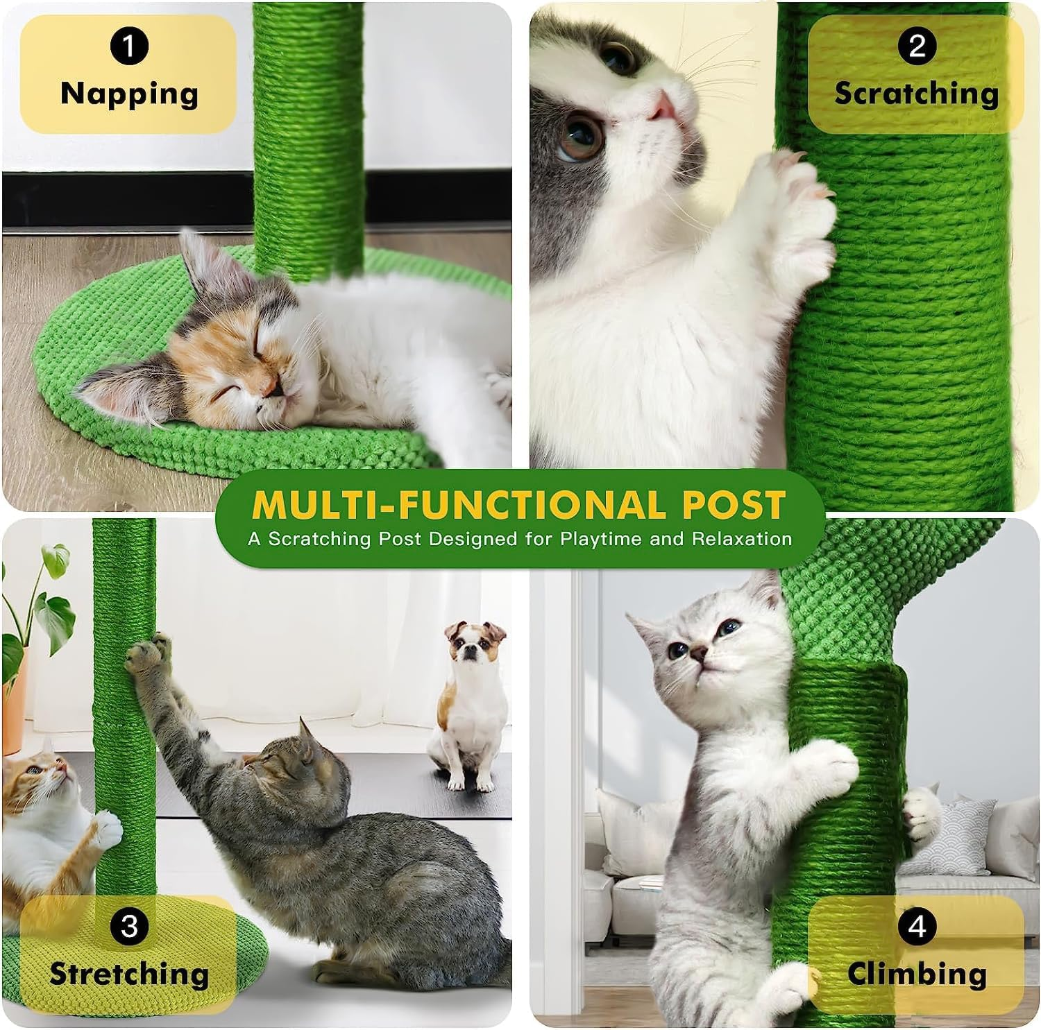 Cat Scratching Post, Trees & Towers, Cat Scratcher Tower, Cactus Cat Scratcher Kitten Scratch Post with Sisal Rope for Indoor Cats Claw Scratcher, Vertical Green Cat Tree with Dangling Ball for Kitties (Large) image number 2