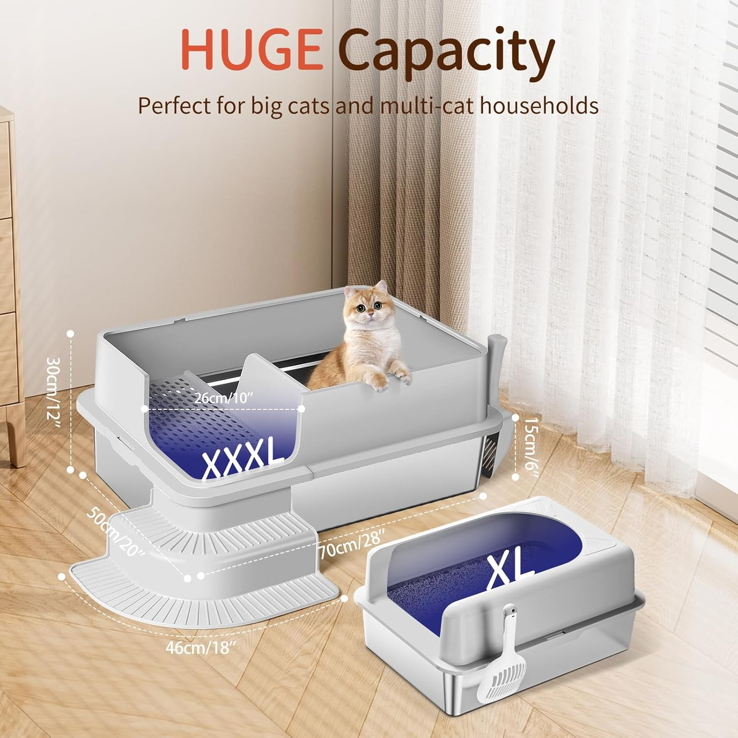 Bartuke XXXL Stainless Steel Litter Box, 70 X 50 X 30Cm Extra Large Semi Enclosed High Sided Metal Cat Litter Box with Filtered Grid, Step, Scoop, Non-Sticky, Non-Odor, Easy Cleaning (Light Gray) - Semi Enclosed-Black image number 2