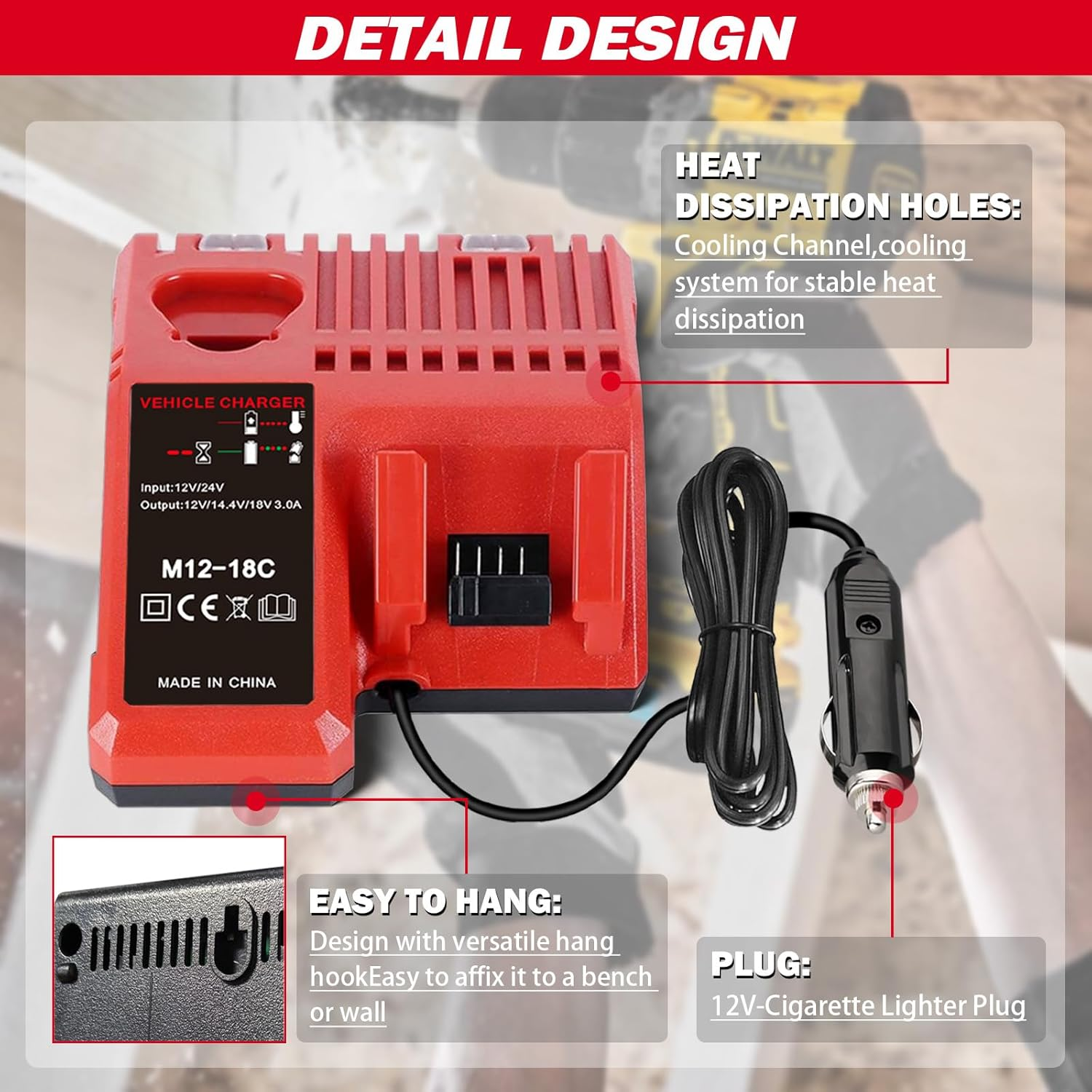 For Milwaukee Vehicle/Car Charger 48-59-1810 for M12/12V for M18 18V Battery Charger for 48-11-2401, 48-11-2402, C12 B, C12 BX, M12, M14,M18B, M18B4, M18BX image number 6