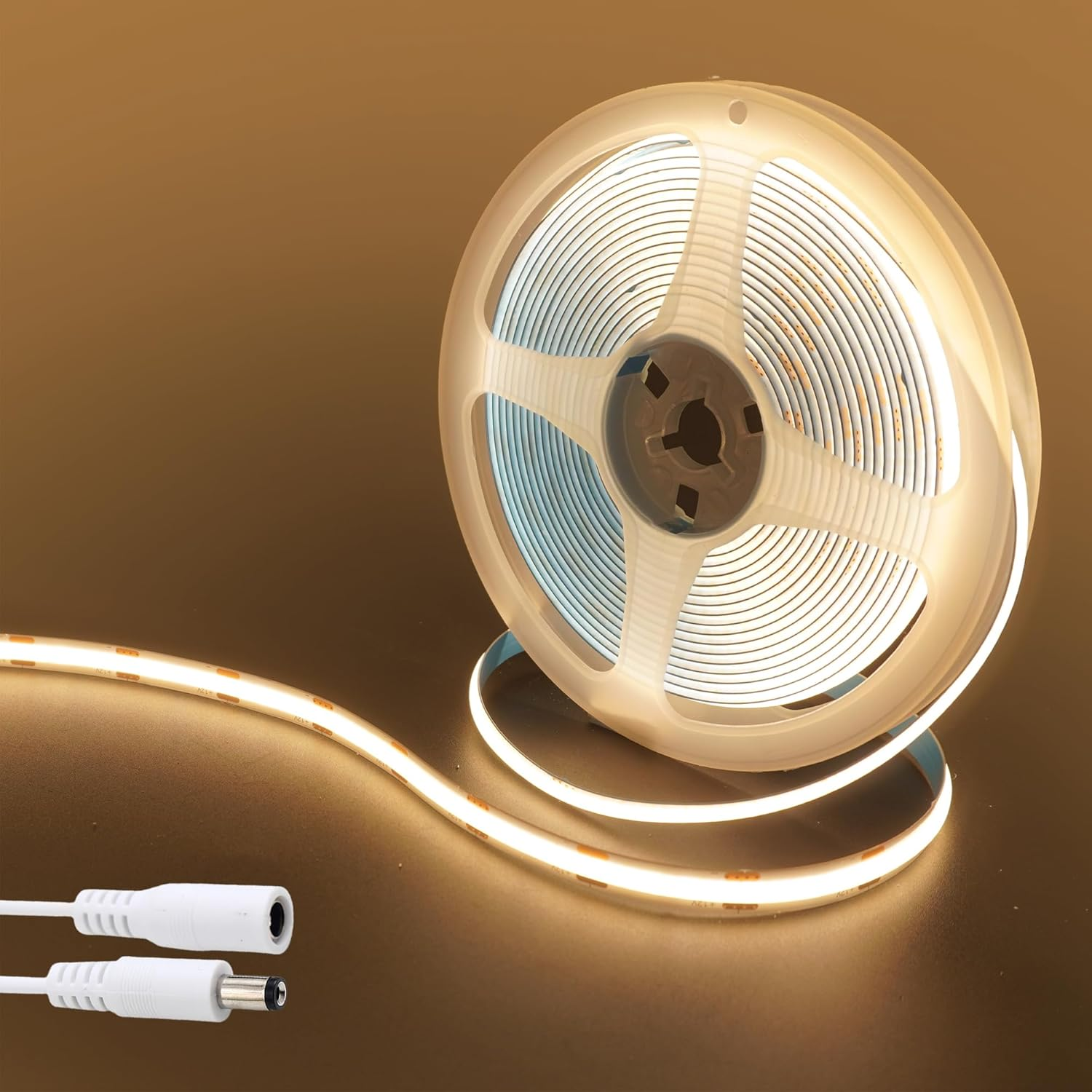 Clearhill 12V COB 480LED Strip Lights,16.4Ft/5M（No Power Supply）,Warm White 3000K,480Leds/M,With 5521DC Male and Female Connectors,8Mm Width,Cri90,Electroplated Double-Sided Panel,Ip20,For Indoor