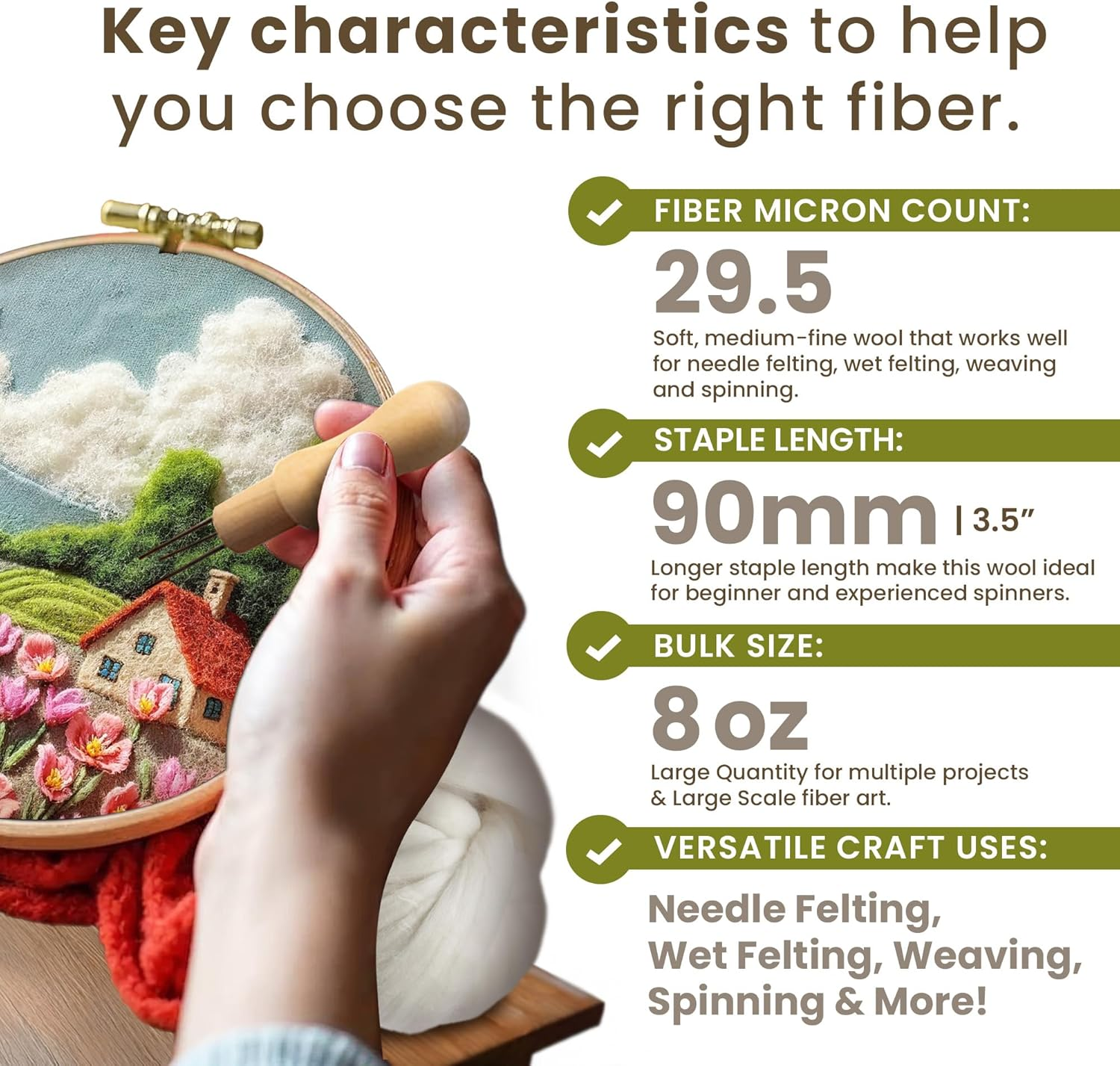 100% Natural White Wool Roving Top, 8 OZ Corriedale, from USA Mill, Best Core Wool for Needle Felting, Wet Felting, Spinning, Dryer Balls, Stuffing, Big Yarn Roving, 29.5 Micron, Un-Dyed image number 1