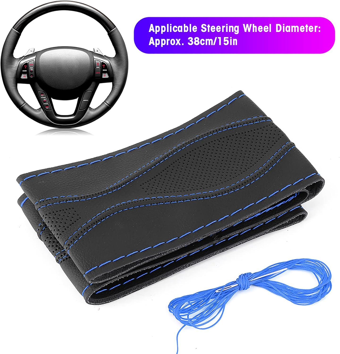 38Cm/15In Leather Steering Wheel Wrap Cover Lace Up, Steering Wheel Stitch on Wrap Cover Universal, Hand Stitching Embossing with Thread, a Whole Piece of Cowhide, Black (Black Blue) image number 6