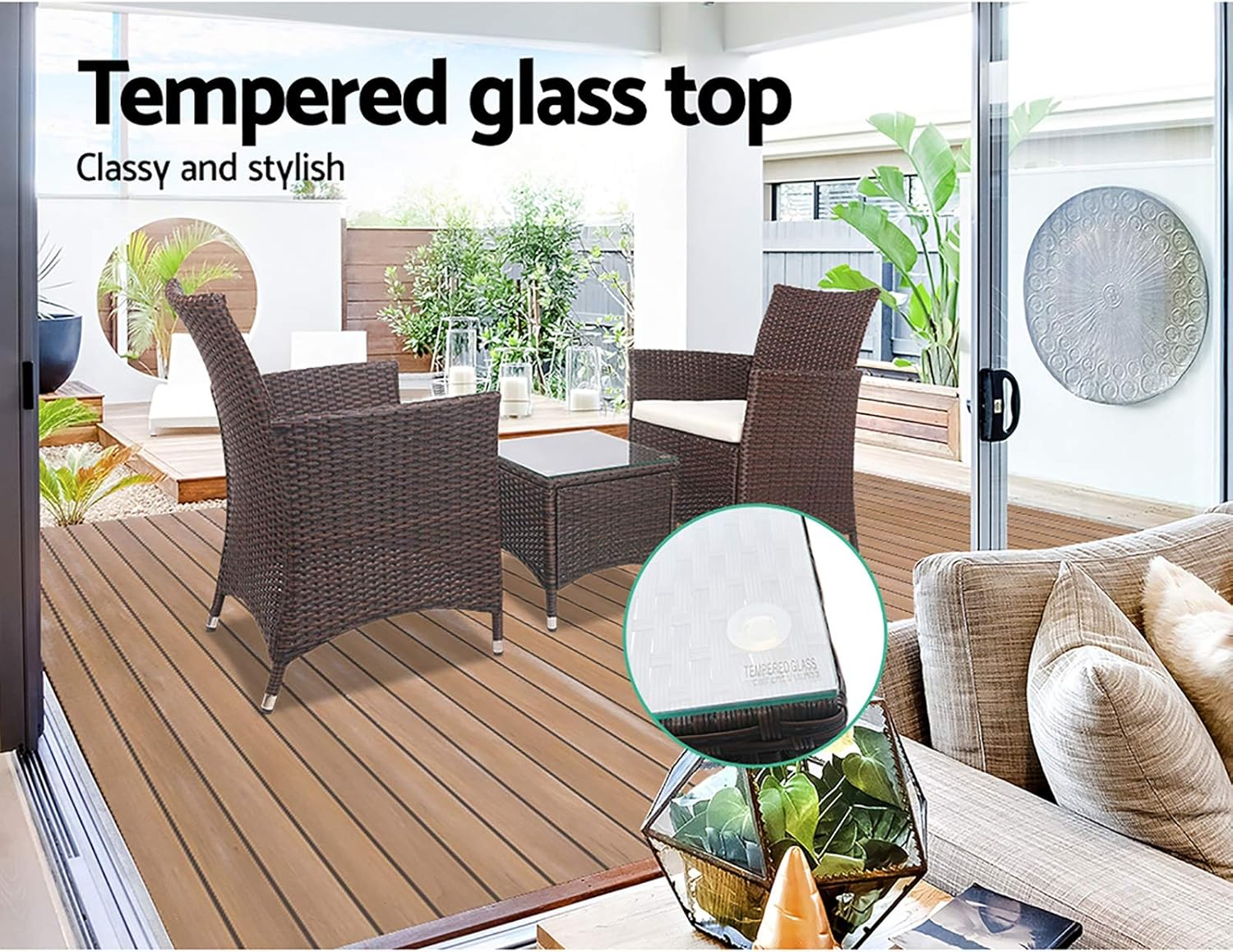 Gardeon 3Pcs Wicker Patio Furniture, Bistro Set Table and Chairs Outdoor Lounge Setting Conversation Sets Dining Chair Garden Backyard, Cushion with Rattan Coffee Table Glass Tabletop Black image number 5