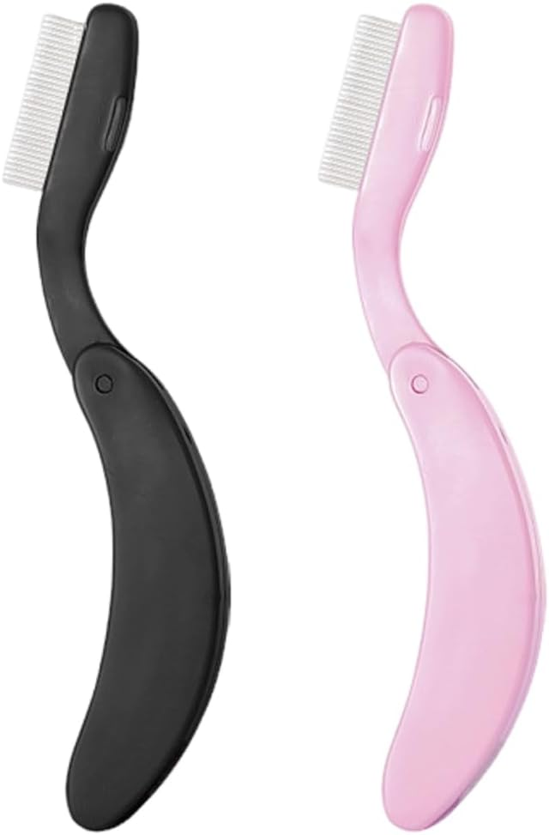 OUDQFCJ Folding Eyelash Comb, Pack of 2 Eyelash Combs, Stainless Steel Eyelash Separator, Foldable Eyelash Separator, Eyebrow Brush for Eyelash Styling, Travel, Family, Pink + Black image number 4