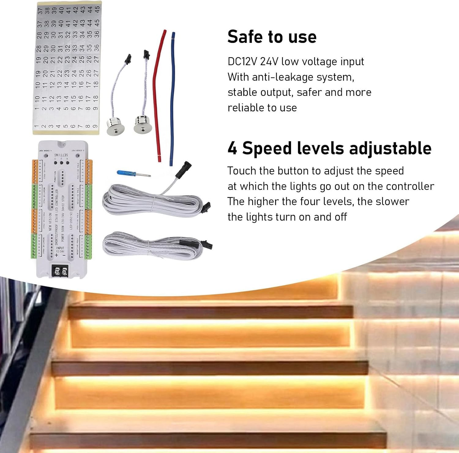 Motion Sensor LED Stair Light Controller, 4 Speed Level Adjustable LED Motion Sensor with anti Leakage System, 32 Groups Ports for Stairway Light