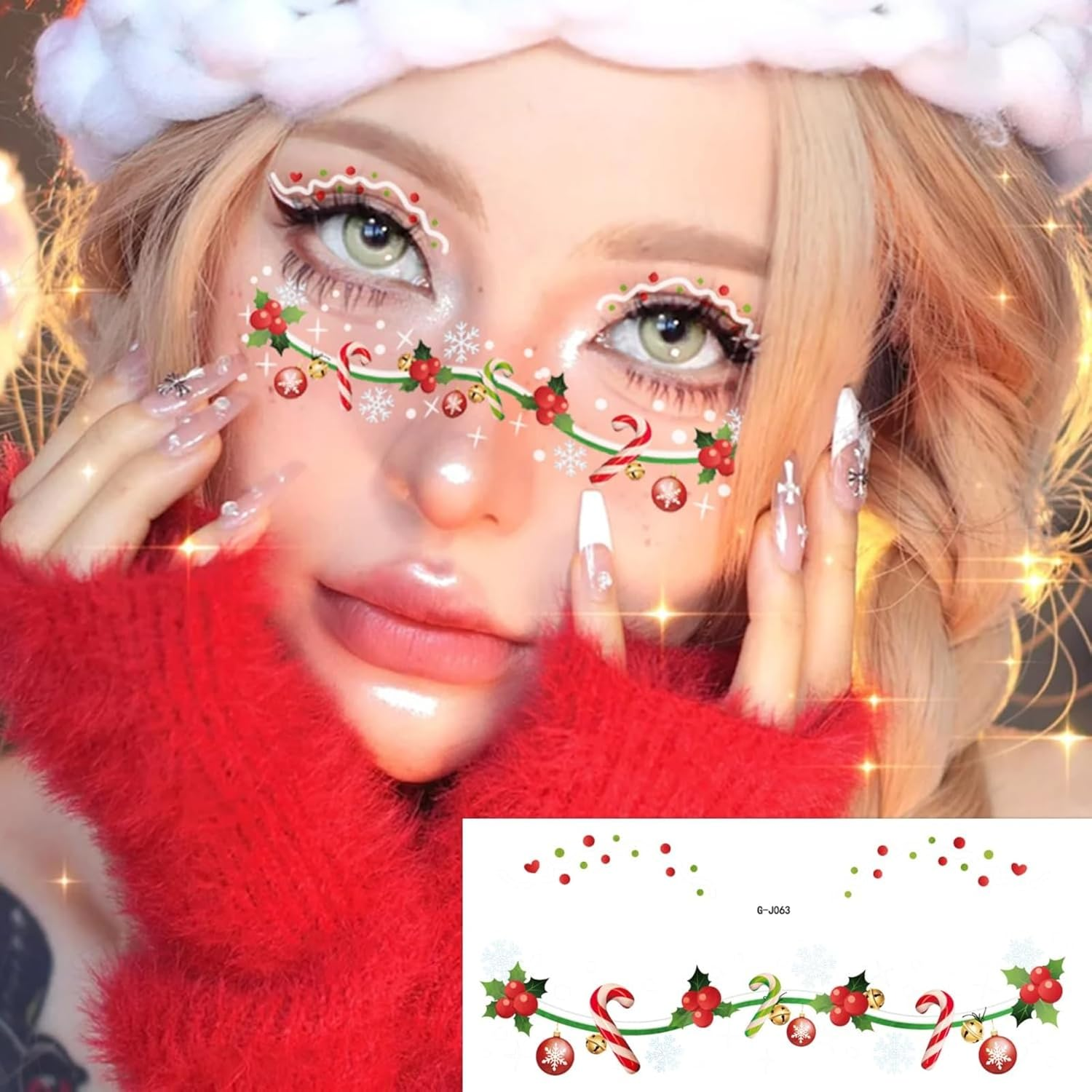 Itadaku 10 Sheets Christmas Face Temporary Tattoos, Cute Holiday Makeup Stickers for Adults, Christmas Party Gifts & Decorations image number 3