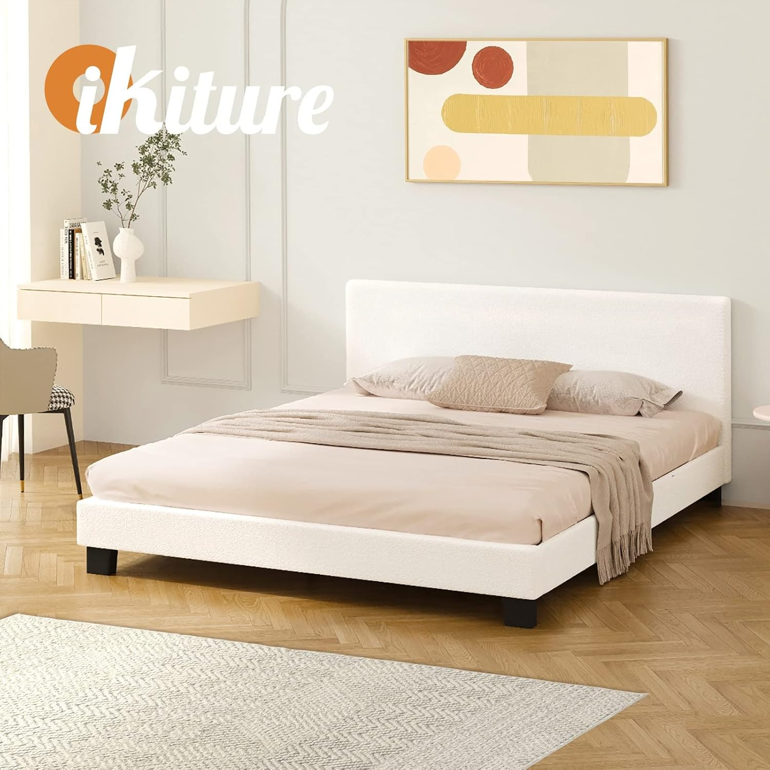 Oikiture Double Bed Frame with Plywood Slats and Boucle Fabric Bed Base Mattress Platfrom White image number 6