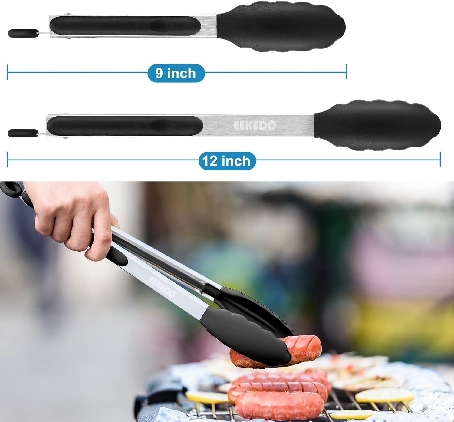 Tongs for Cooking, 600&ordm;f High Heat-Resistant Stainless Steel Kitchen Tongs with Silicone Tips, Non Scratch, Locking Tong for BBQ Grilling Air Fryer Food Salads, Set of 2 (9" and 12") Black image number 3