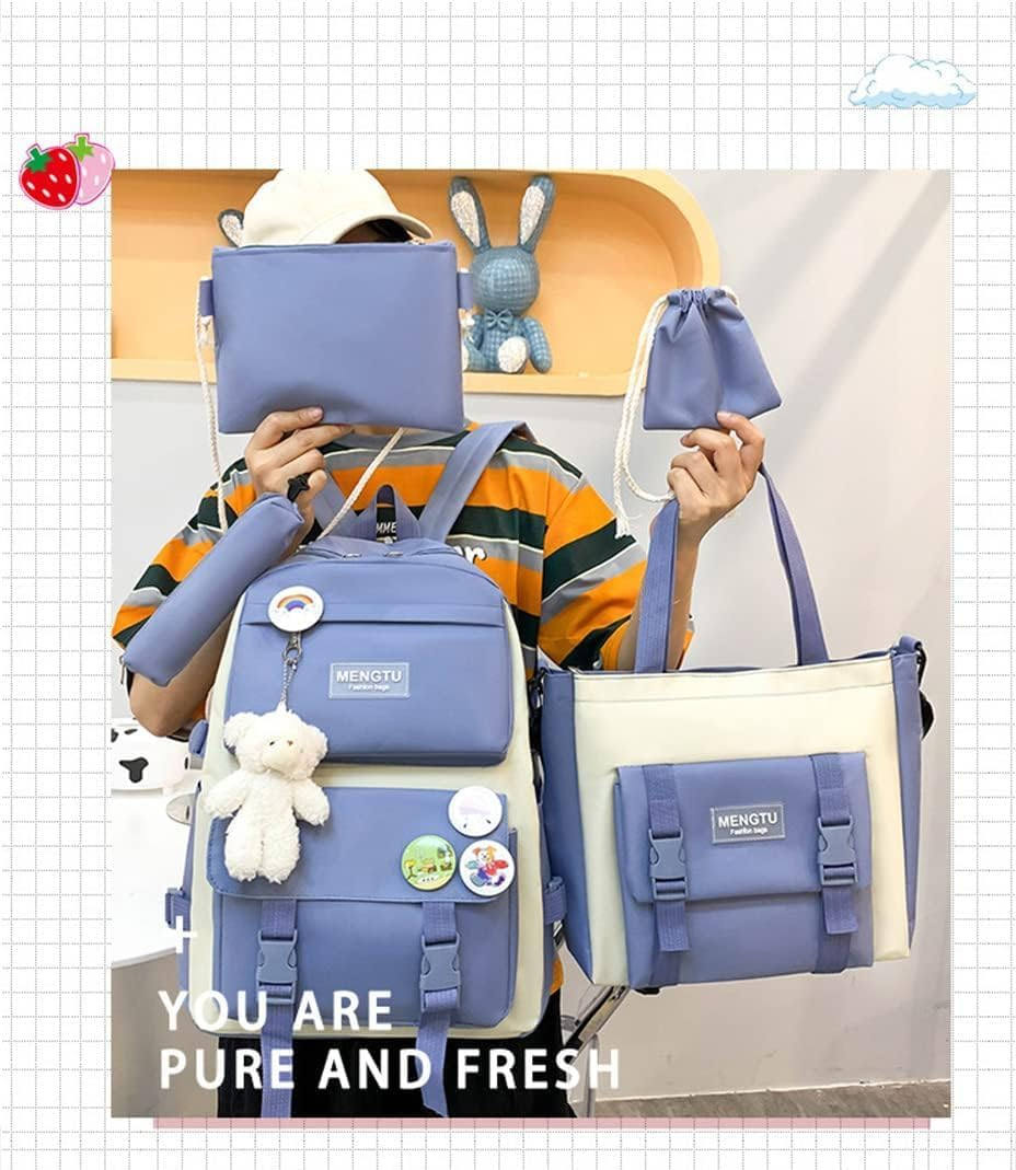 5Pcs School Bags Set Backpacks with Pendant Lunch Bag Pencil Case Handbag Coin Purse for Teen Girls School Backpack Blue image number 3