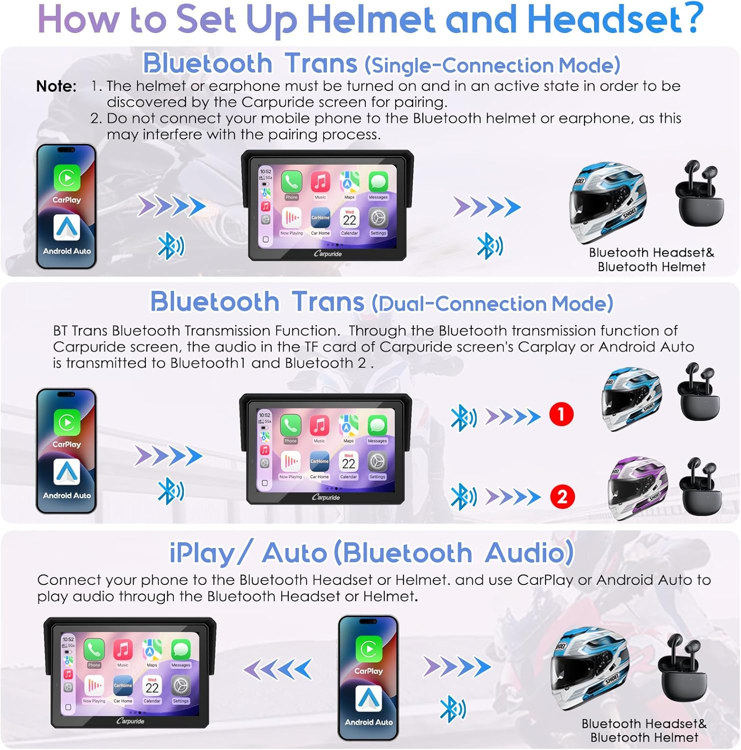 Carpuride W502TPRO for Motorcycle Carplay& Android Auto& TPMS& Dual Bluetooth - 5" Waterproof GPS Navigation Screen for Motorbike, Music Sharing, Intercom, EQ, Light Sensor, Compass, Barometer image number 3