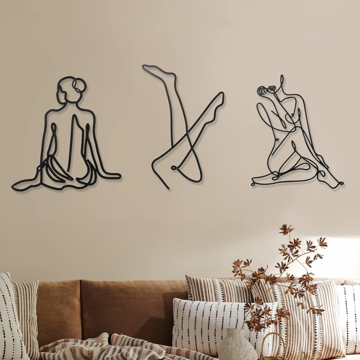 Photect 3 Pieces Metal Wall Art Decor Minimalist Abstract Woman Modern Line Drawing Female Single Home Hanging for Bedroom Kitchen Bathroom Living Room (Black, Romantic)