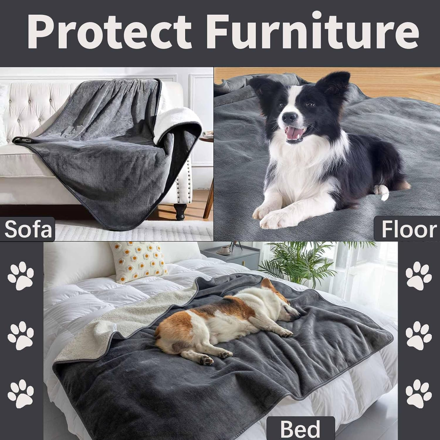 Waterproof Dog Blankets - Cat Blanket Washable for Couch Protection, 3-Layer Flannel and Sherpa Fleece Puppy Blanket, Soft Plush Reversible Throw Furniture Protector, 150 X 127 CM, Grey (150&times;127CM) image number 2