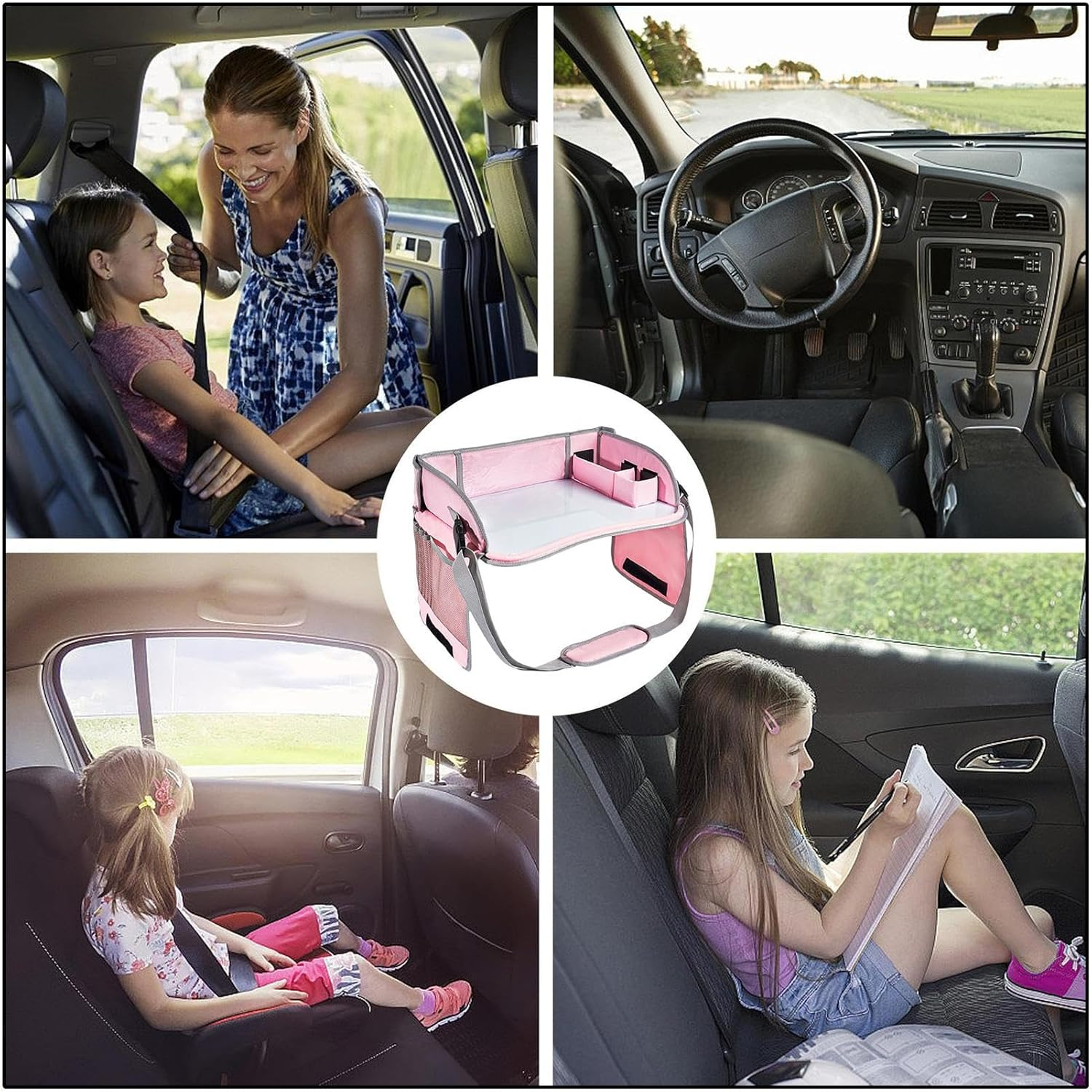 Car Seat Travel Tray,Kids Lap Tray for Car Seat - Portable Car Seat Activity Table Tray, Car Seat Snack Game Tray for Airplane and Stroller - Pink image number 2