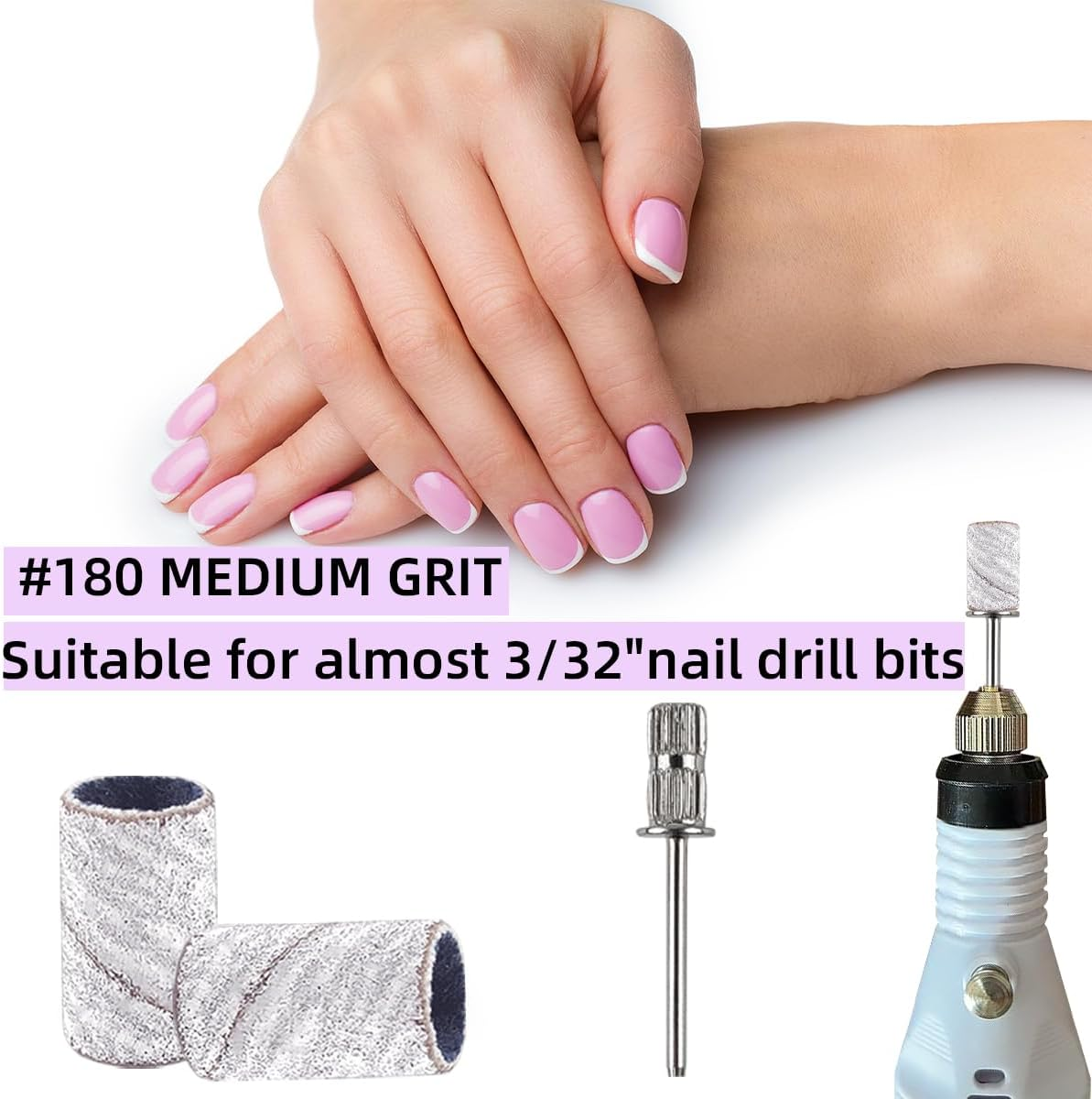 100 Pcs (180 Grit White)Sanding Bands Nail Drill Bit with 0.31In Diameter,Nail Drill Bits Extreme Fine Grit Sanding Band,Sanding Belt Upgrade Mandrel Bits,Professional Nail Drill Bit for Acrylic Nails